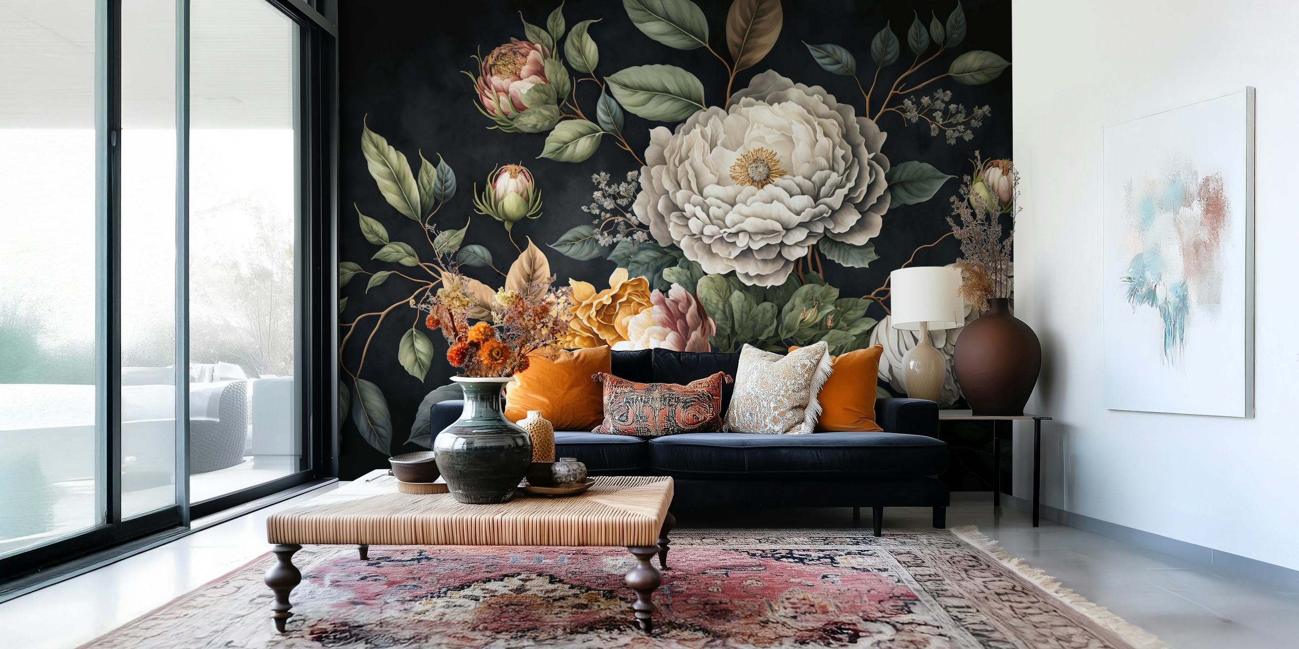Large floral design with peonies and leaves on a black background wallpaper