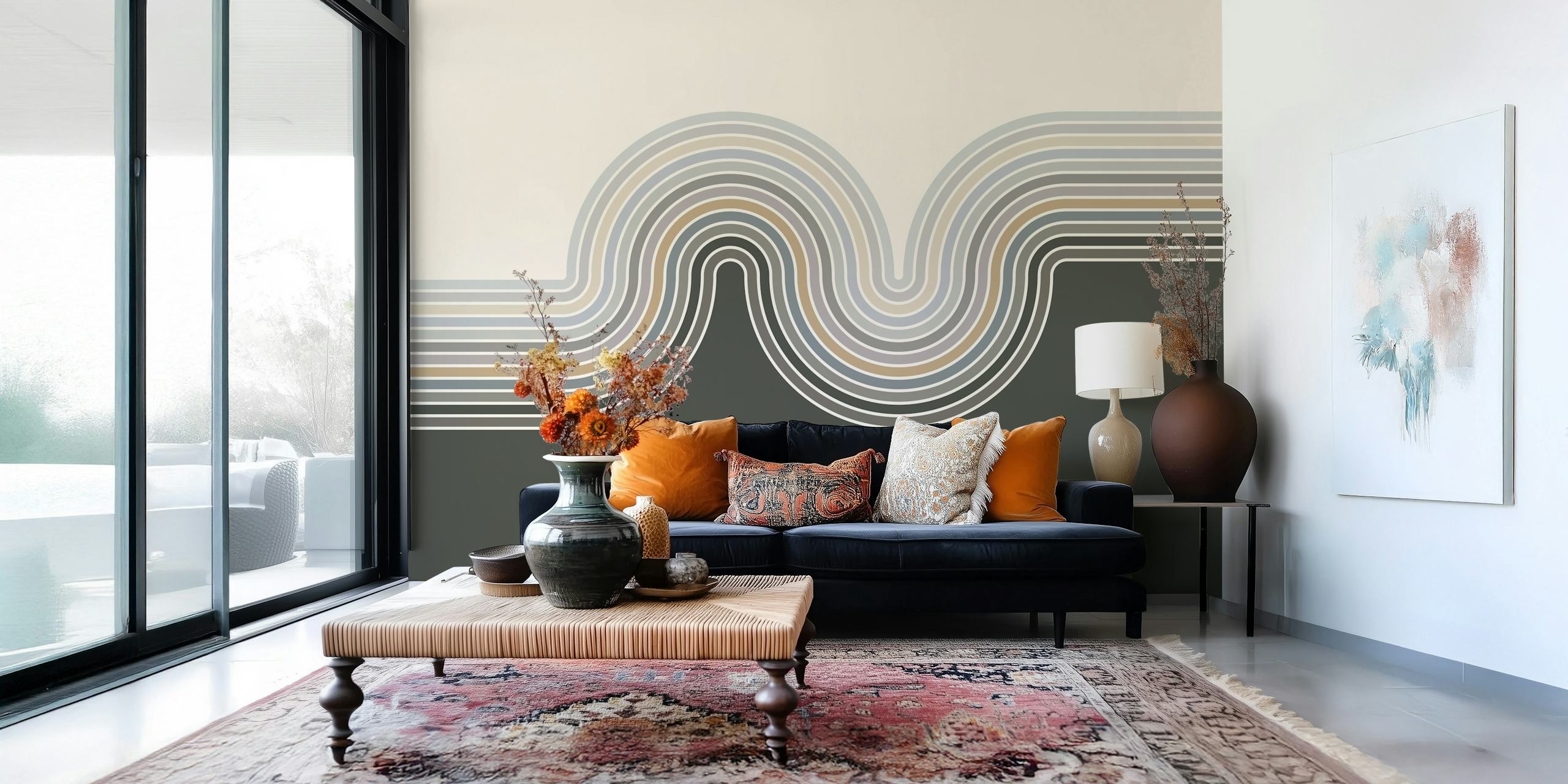 Papel de parede Retro Curvy Lines 2 em um quarto