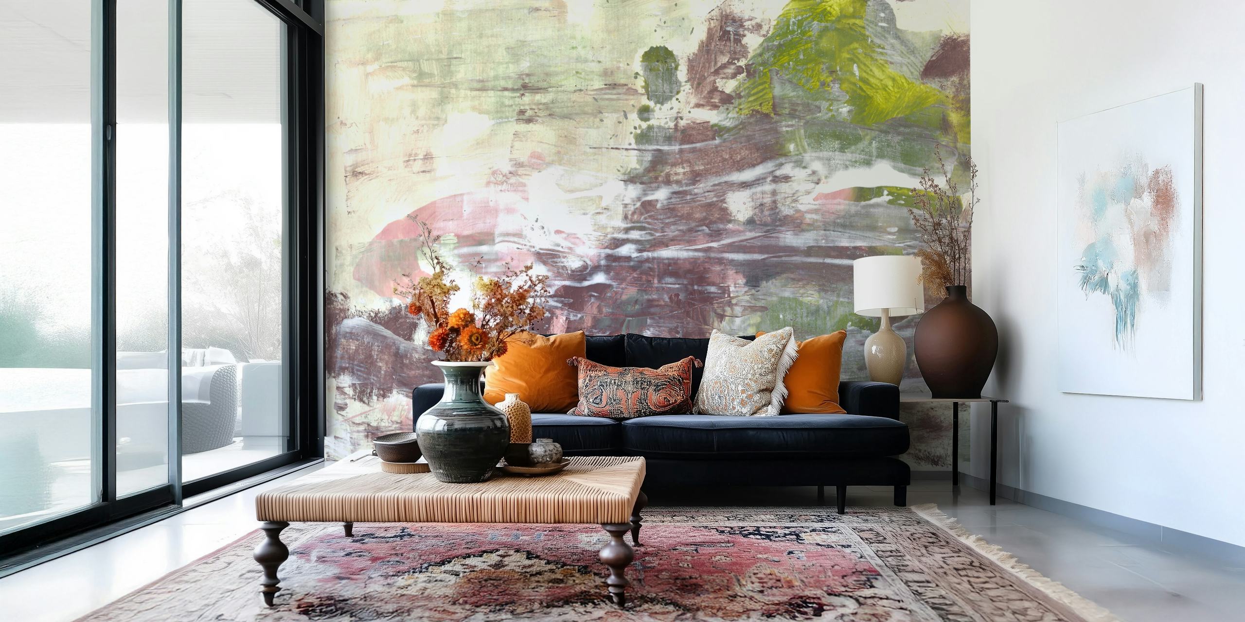 Abstract wallpaper featuring green and brown brush strokes in an artistic style.