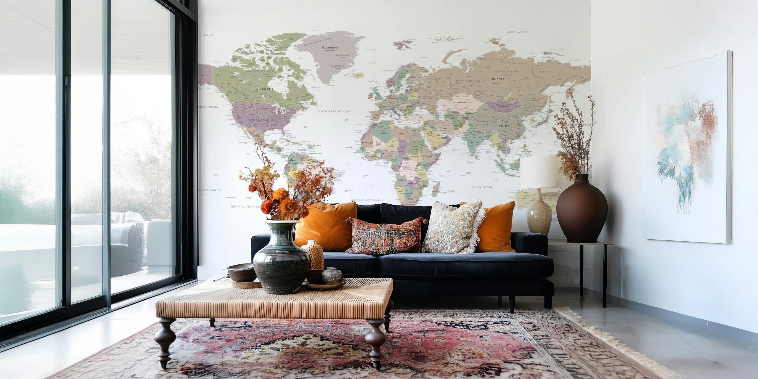 Vintage world map with muted colors and geographic details wallpaper