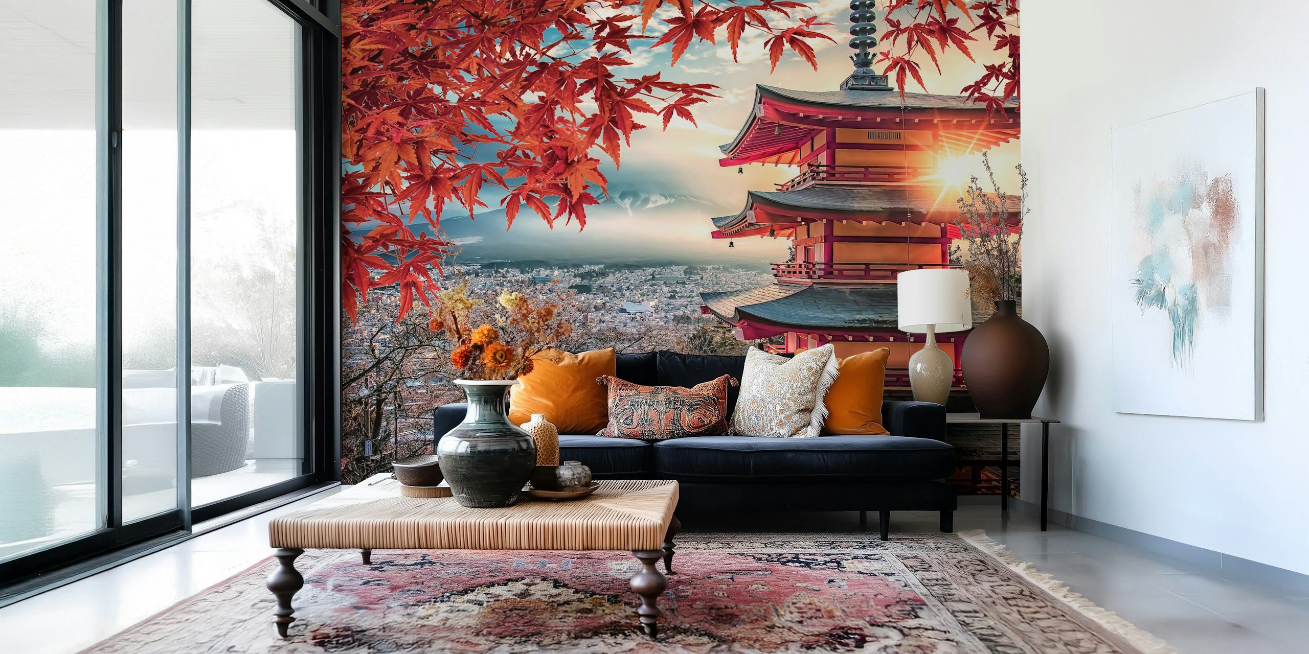 Pagoda with red maple leaves and mountains background wallpaper