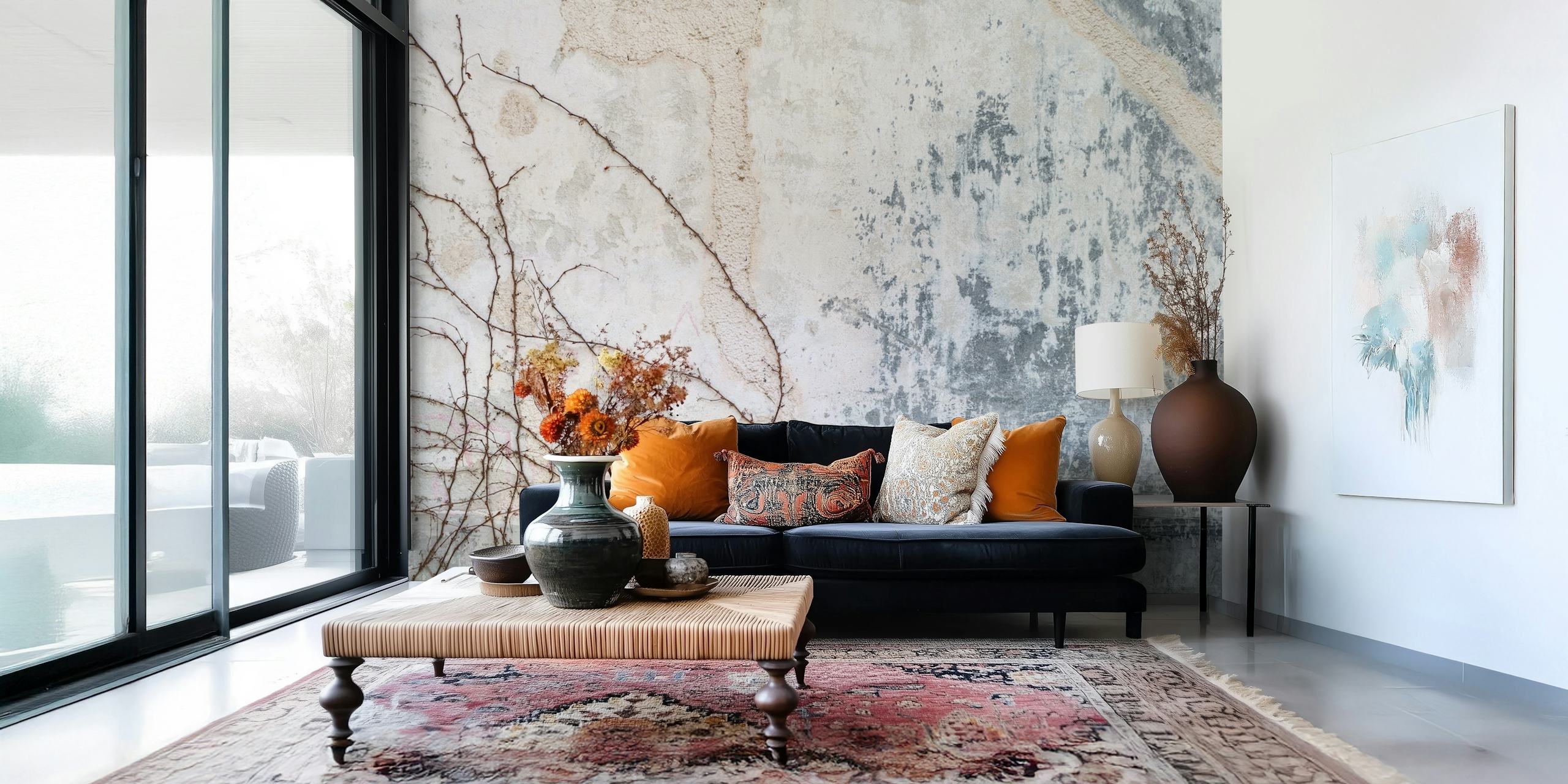 Gray textured wall with vine patterns wall mural