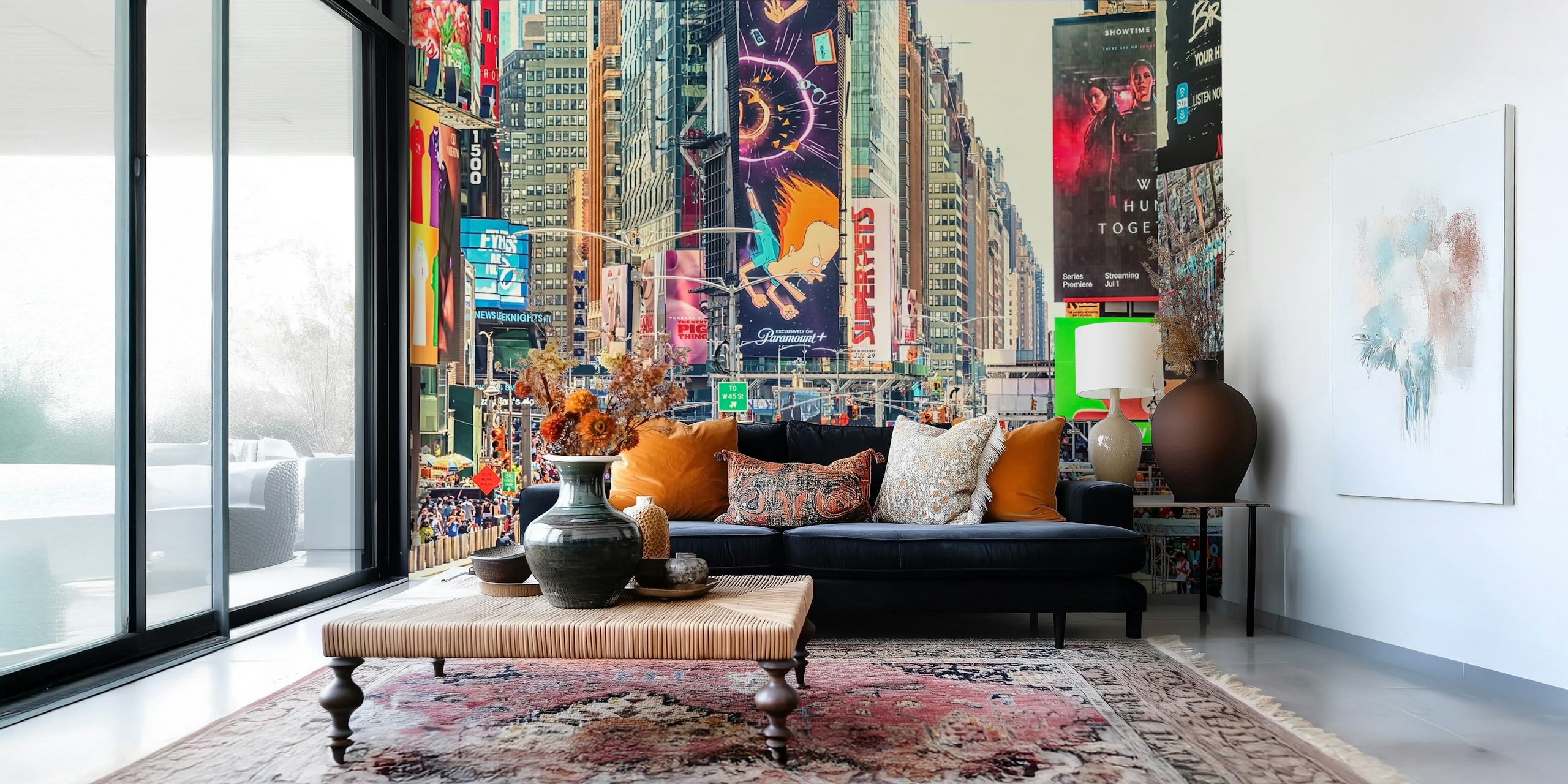 Times Square in New York wall mural with bright lights and city vibe