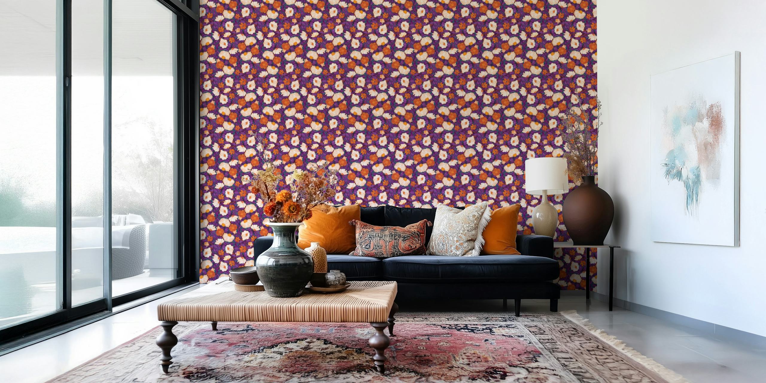 Orange teal purple blooms vzor tapety