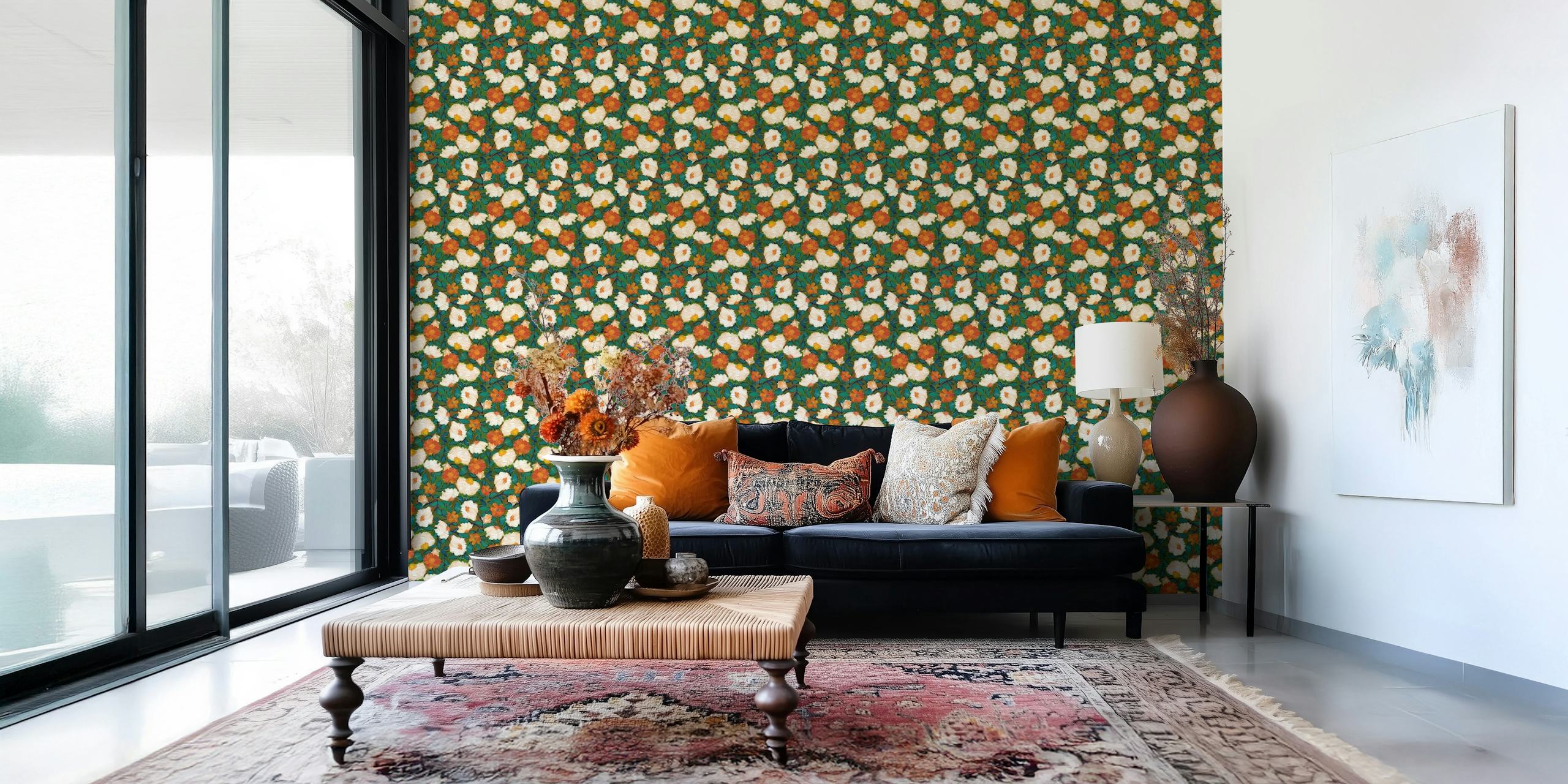 Floral wallpaper pattern in orange and teal