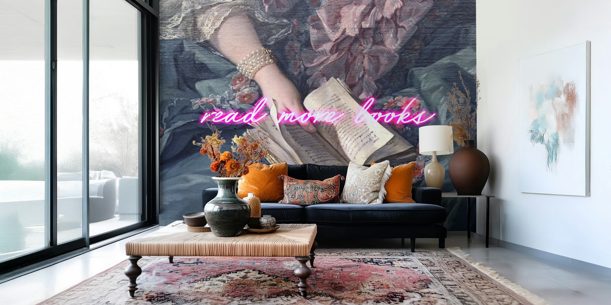 Wall mural with read more books in neon on a vintage reading scene