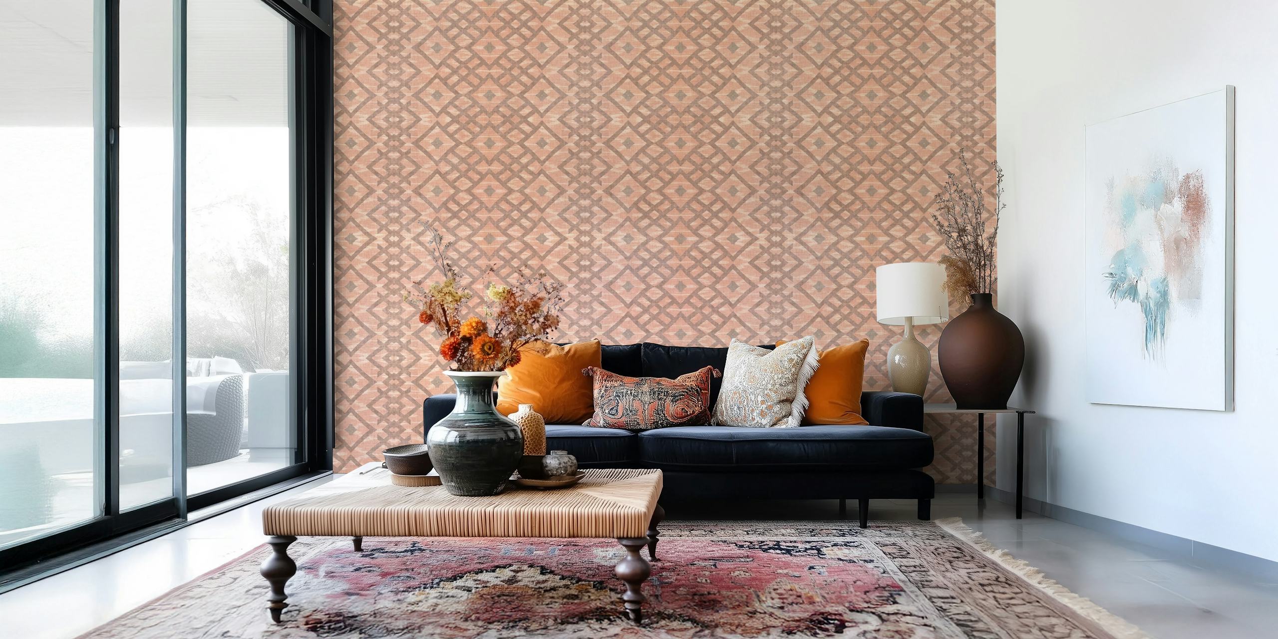 Terracotta and beige geometric ikat pattern wallpaper
