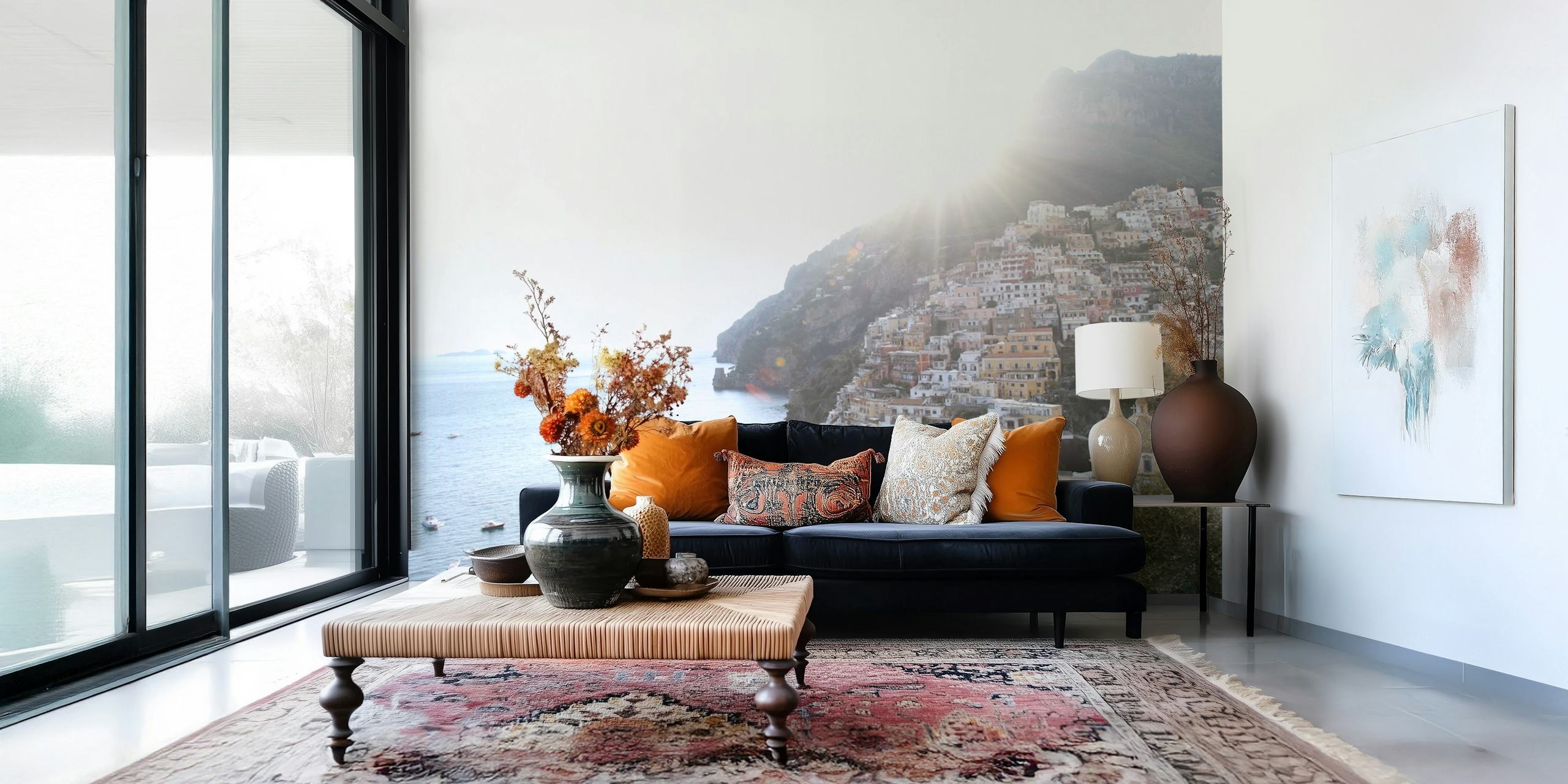 Coastal view wallpaper featuring pastel houses and sea tones