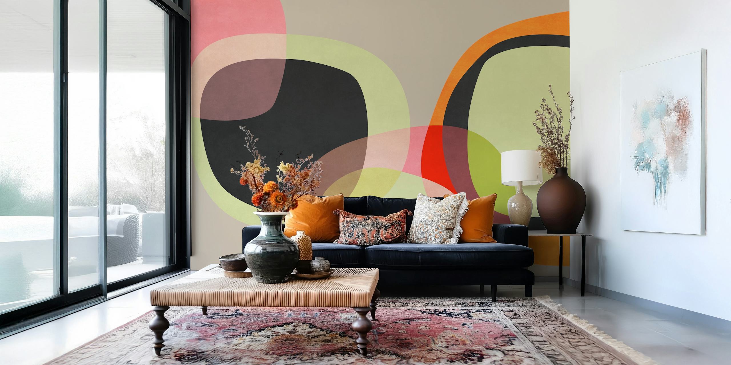 Geometric overlapping shapes in pink, green, black, and orange wallpaper