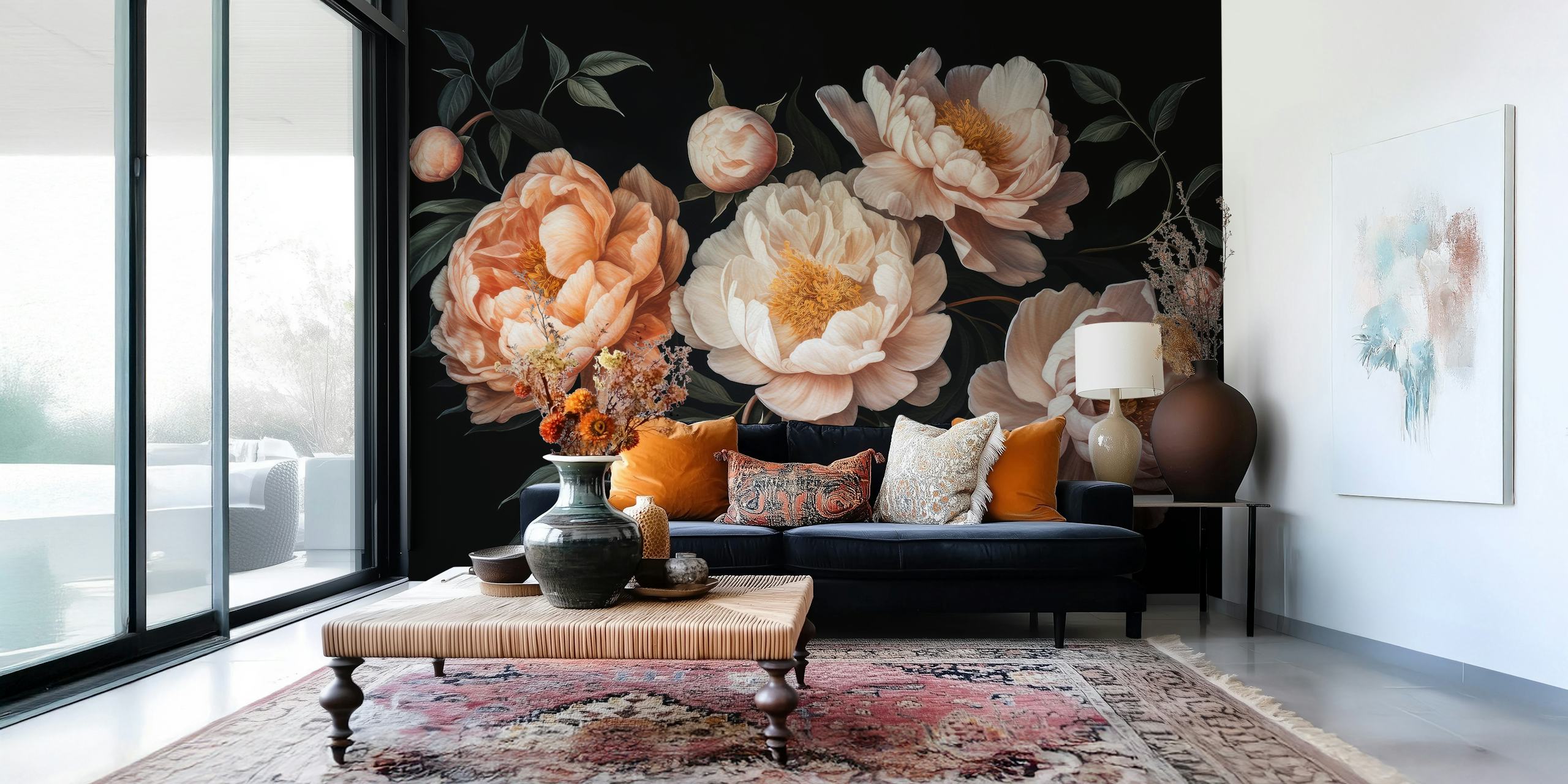 Elegant peach peonies on a dark background in a baroque night garden wall mural