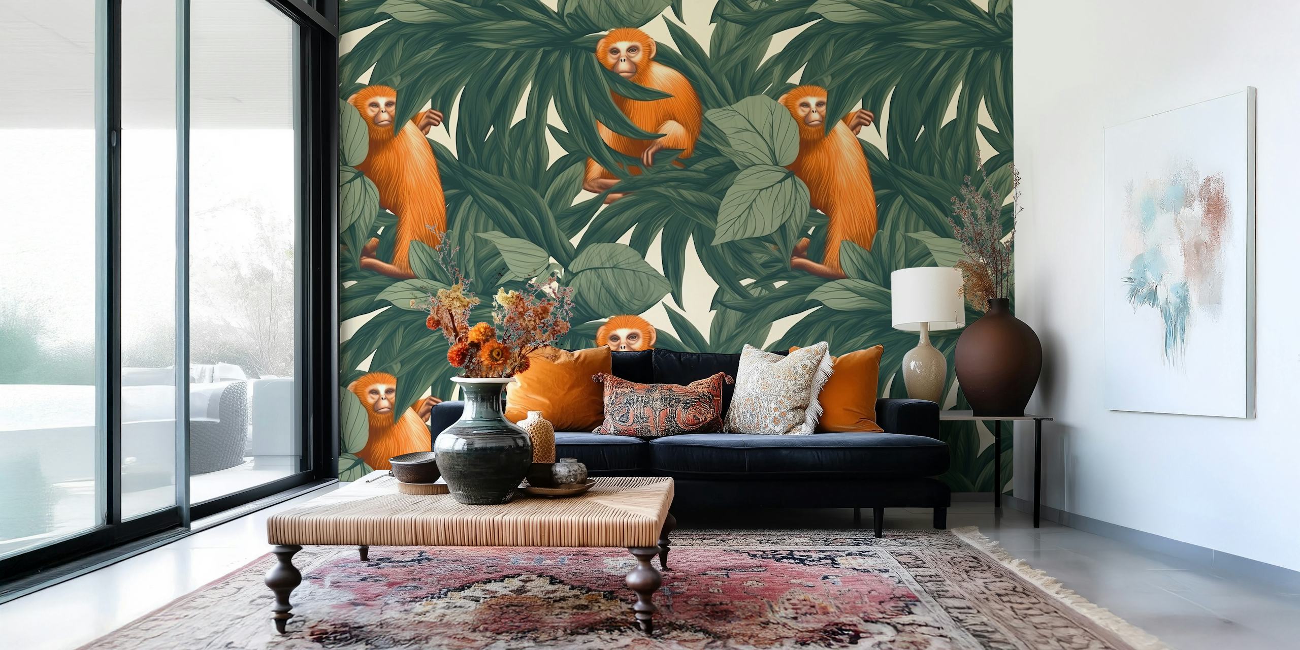 Tropisch aap wandschildering met oranje apen en groene bladeren wallpaper