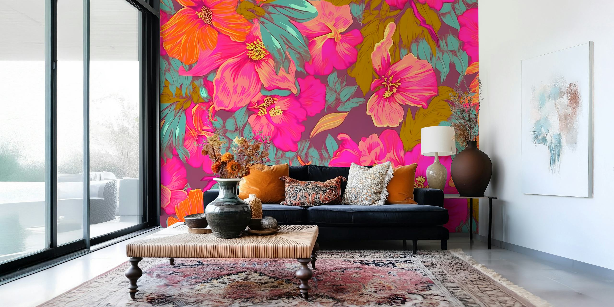 Papier peint Fluo Pink Flowers dans une pièce