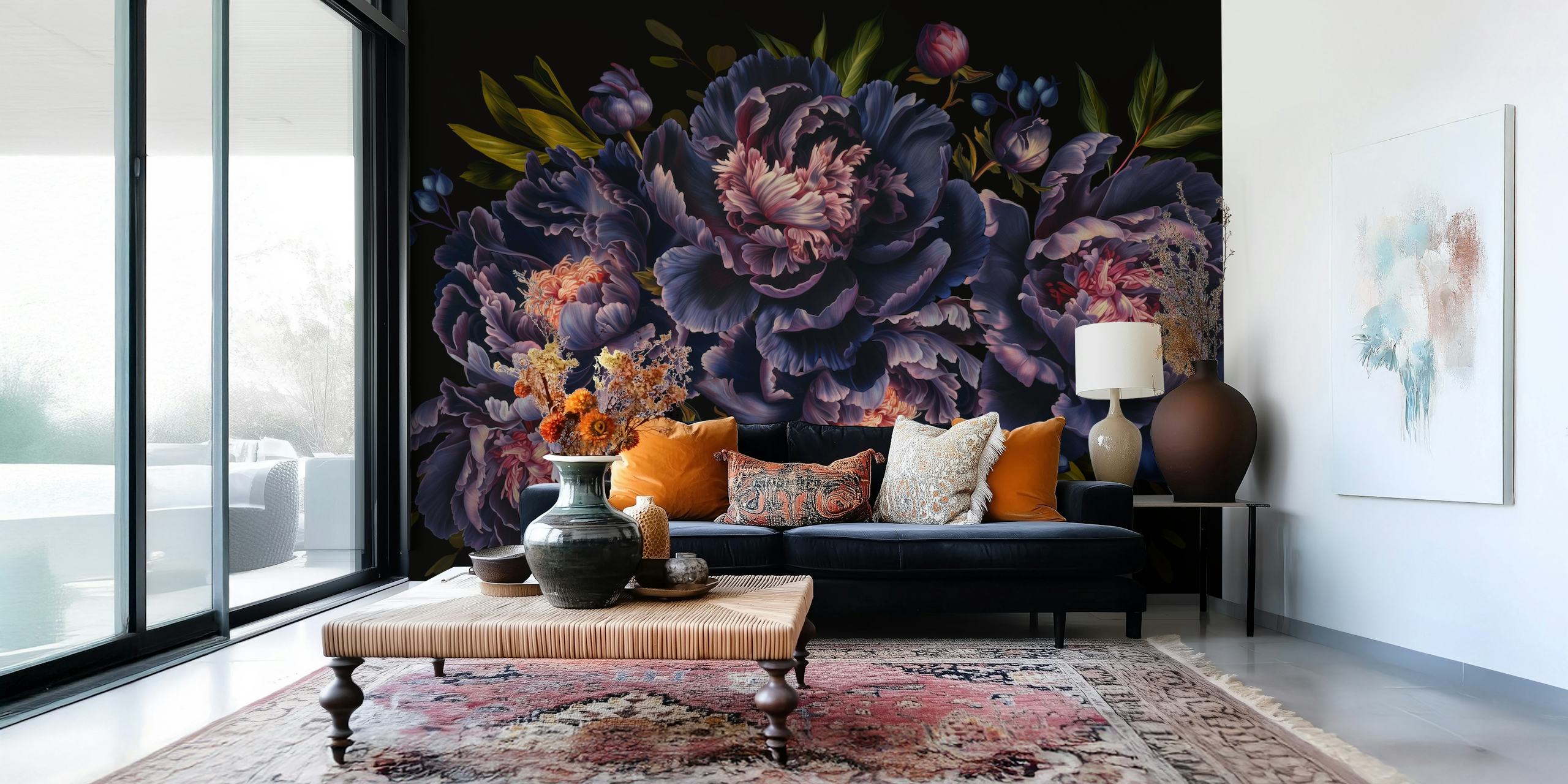 Ταπετσαρία Peonies μπλε και μωβ στην έκθεση δωματίου