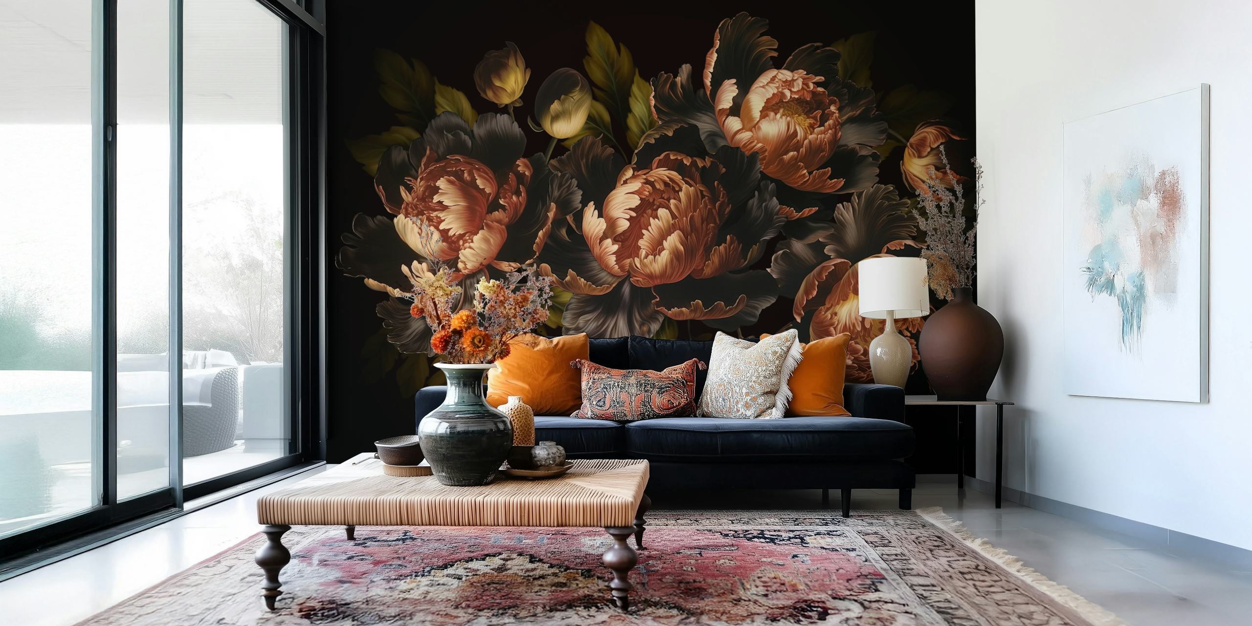 Moody Baroque Peonies wallpaper in a room