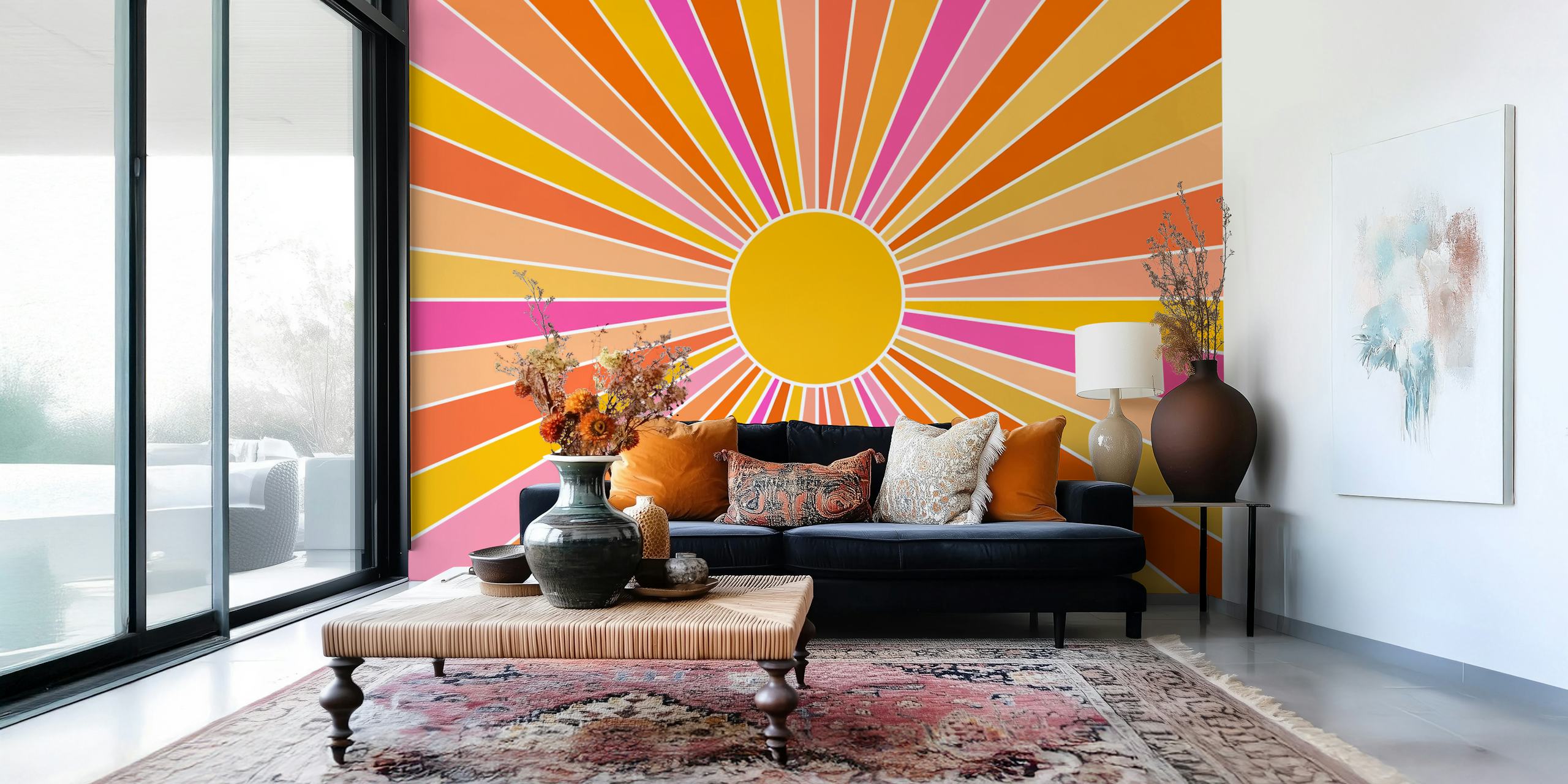 Vintage sunburst pattern in orange, pink, and yellow wallpaper