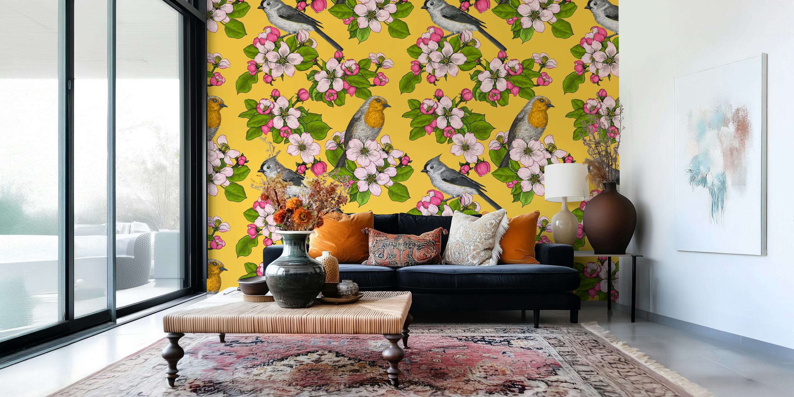Birds with blossoms on yellow background floral wallpaper