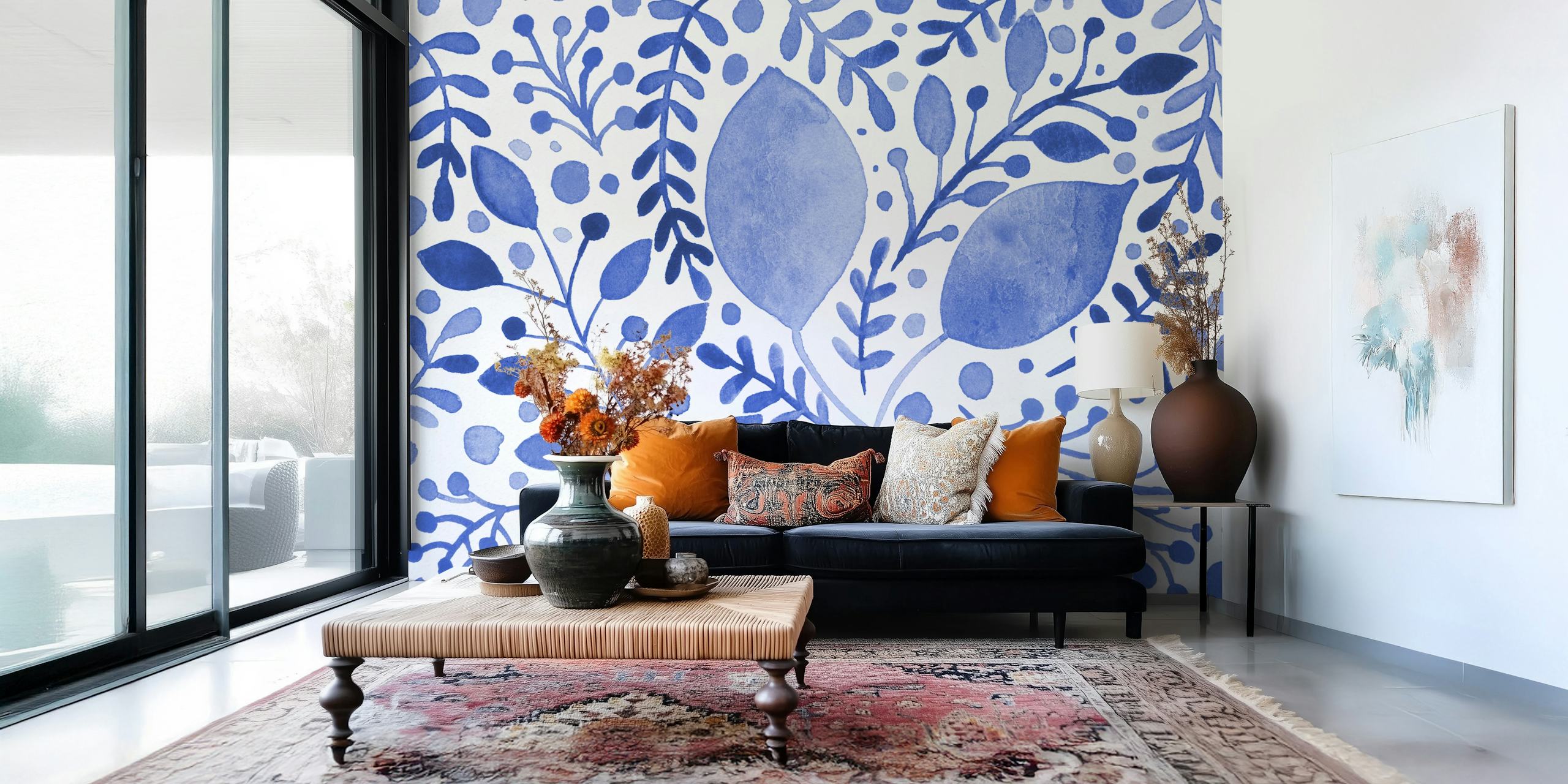 Watercolor branches with blue leaves and dots pattern wallpaper