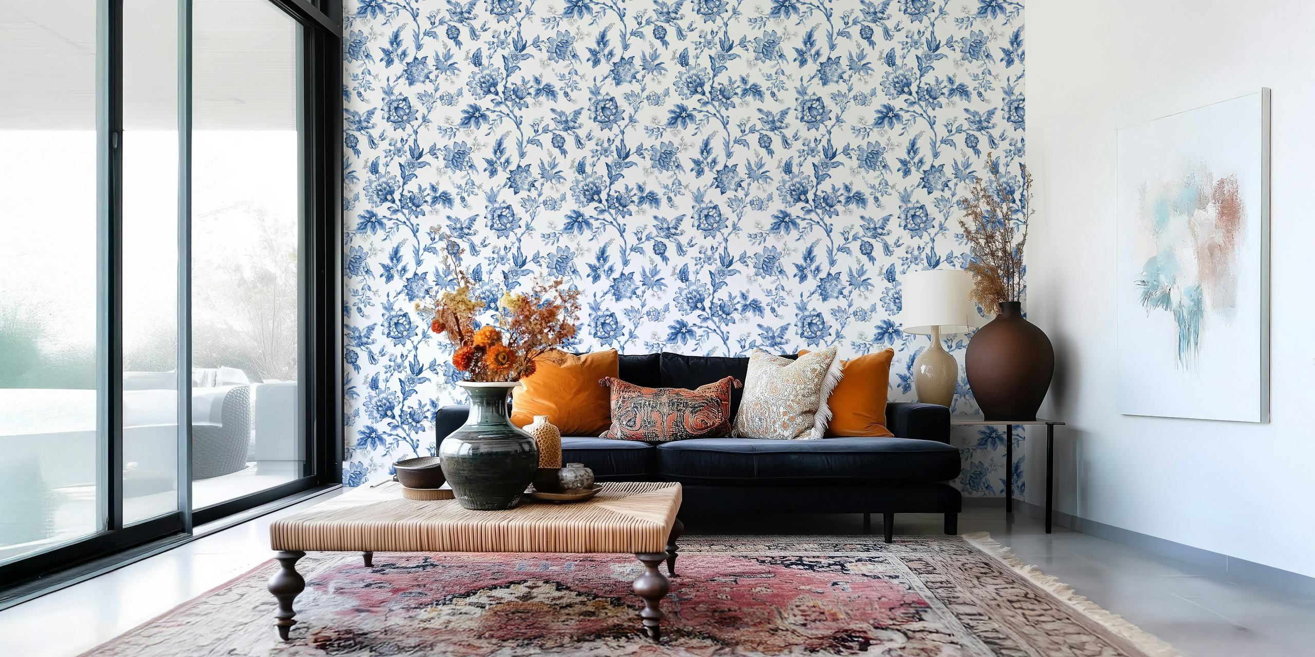 Elegant vintage blue and white floral wallpaper mural