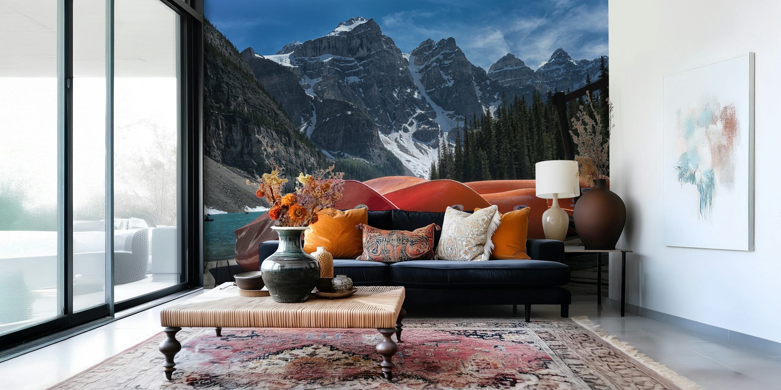 Four Peaks mountain landscape with red canoes wall mural