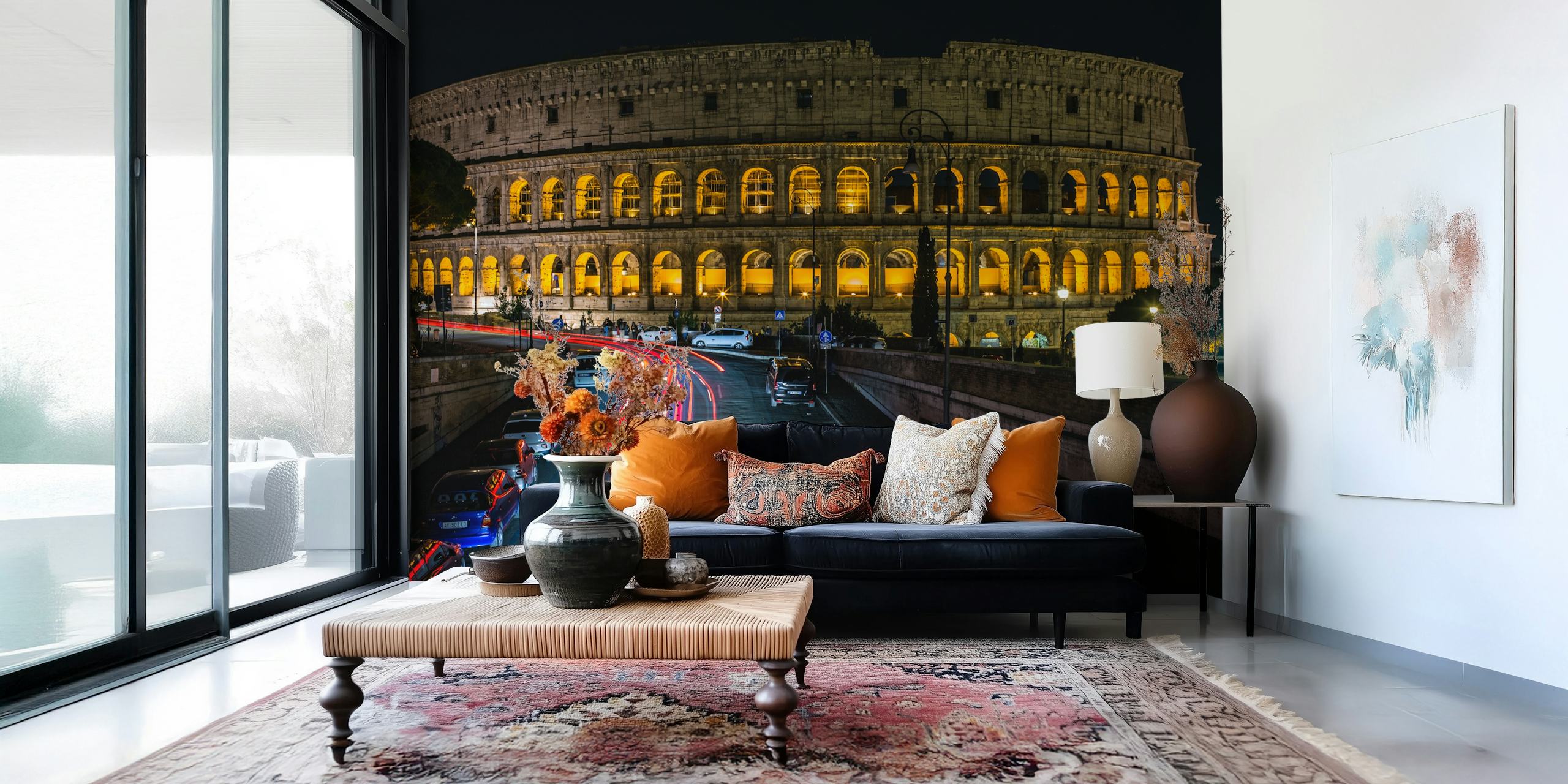 Colosseum at night τοιχογραφία με φωτισμένα τόξα και ίχνη κυκλοφορίας