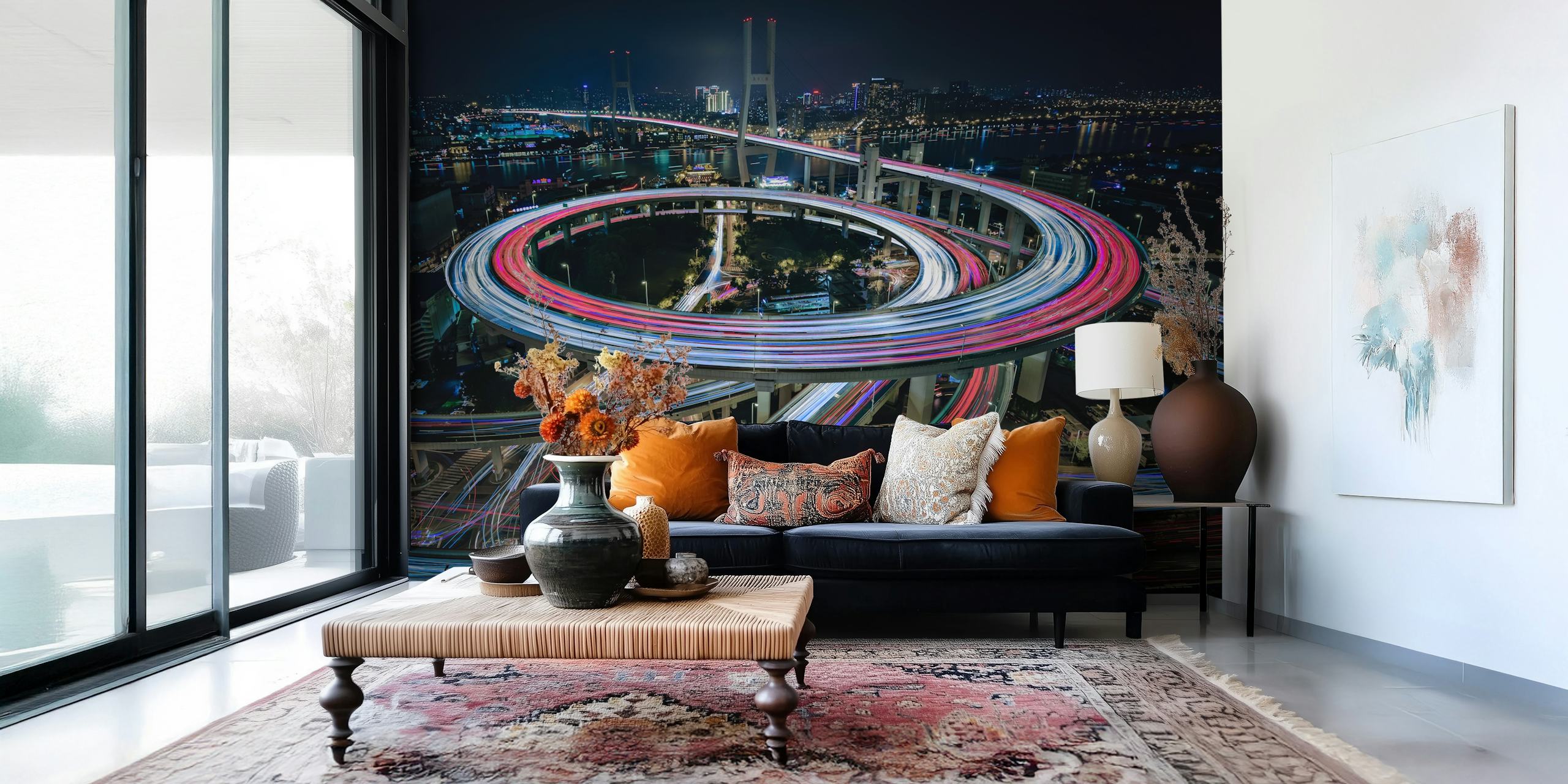 Mural del puente NanPu con paisaje urbano nocturno y senderos de tráfico iluminados