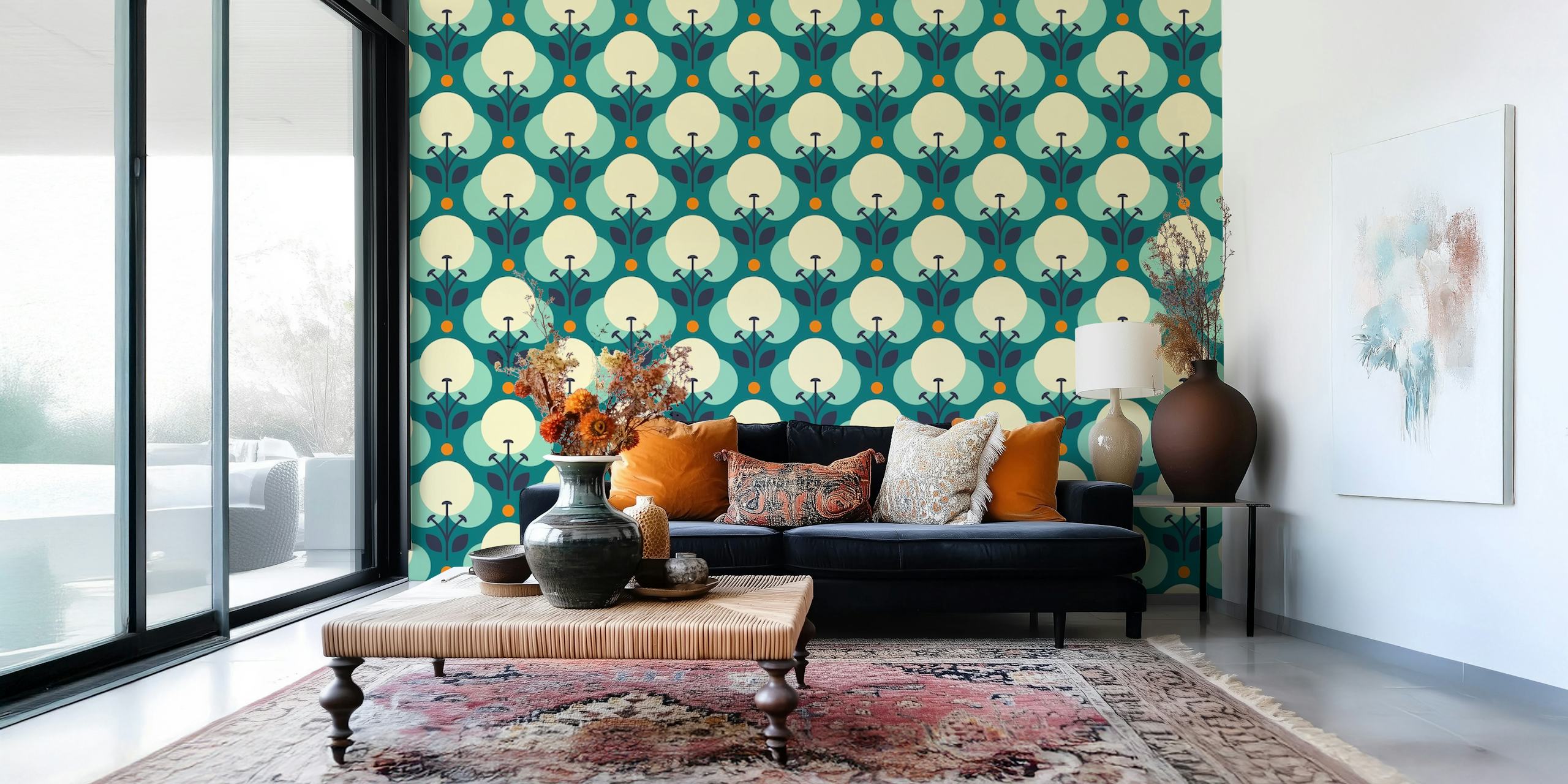 Retro floral design in teal and yellow wallpaper
