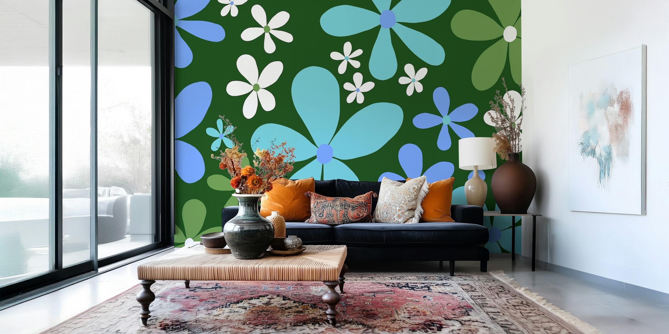 Retro floral wallpaper featuring blue and white daisies on green background