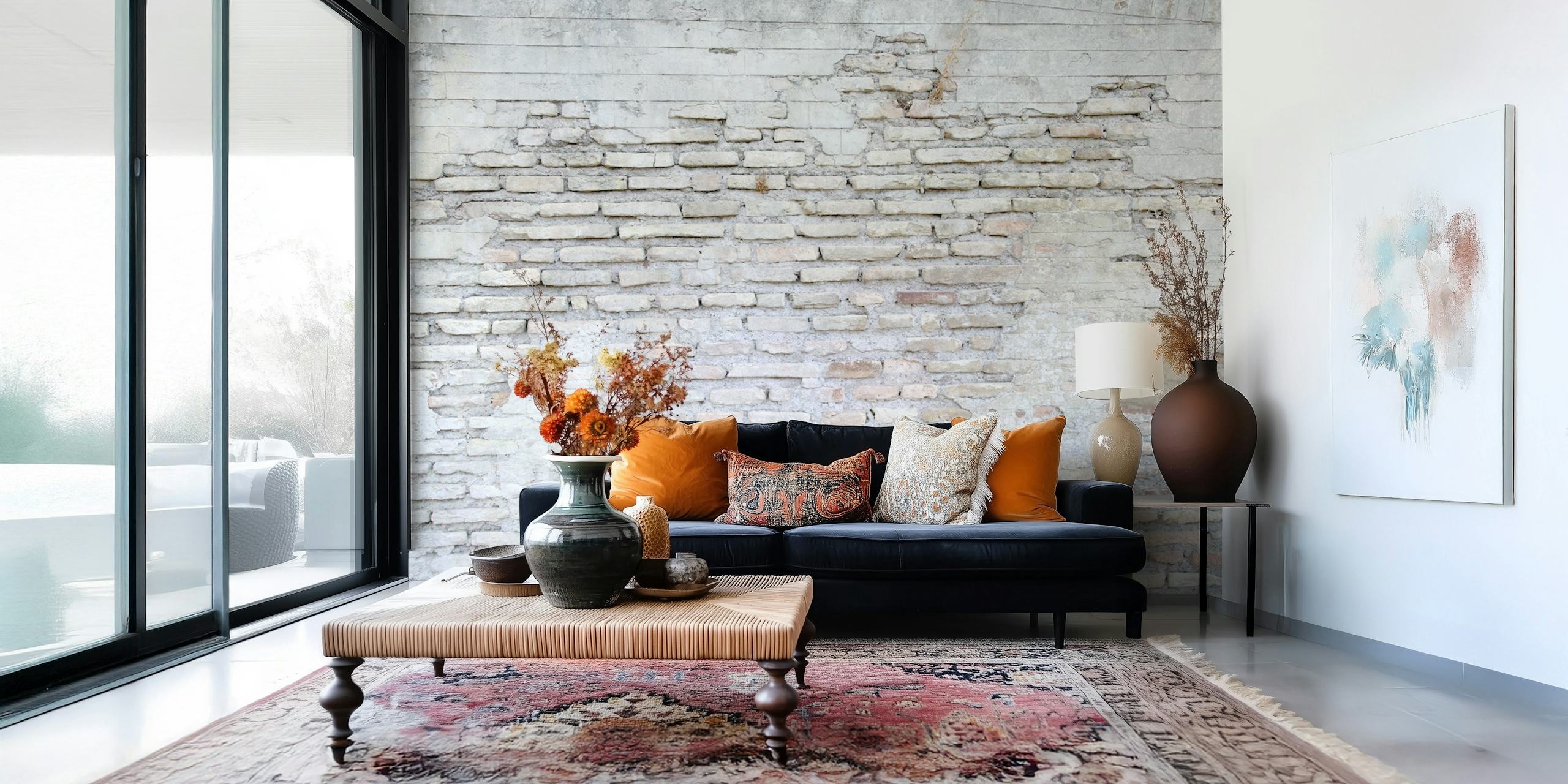 Rustic Roman Brick Wall wallpaper displayed in a room