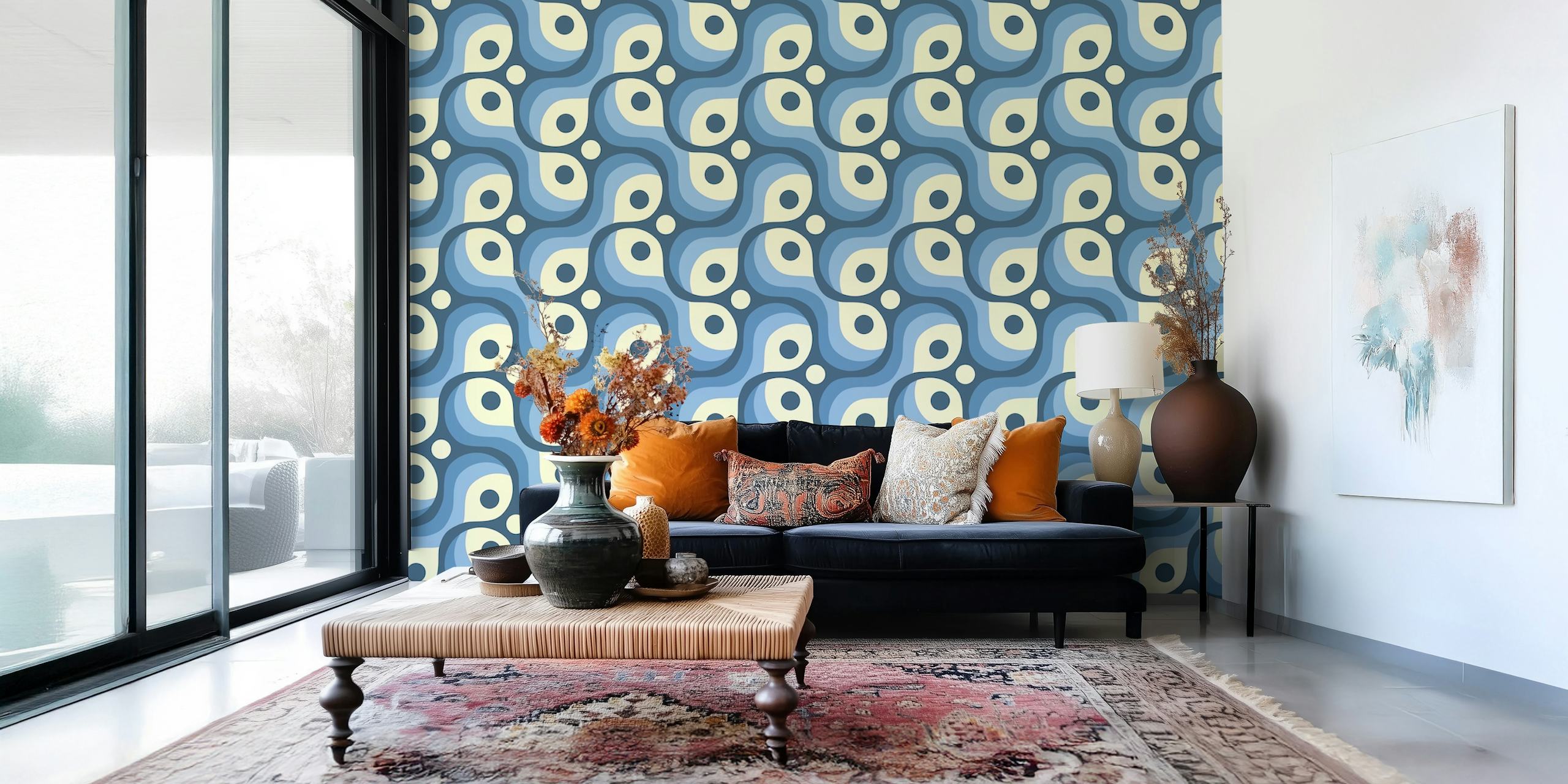 Blue retro pattern wallpaper in a room
