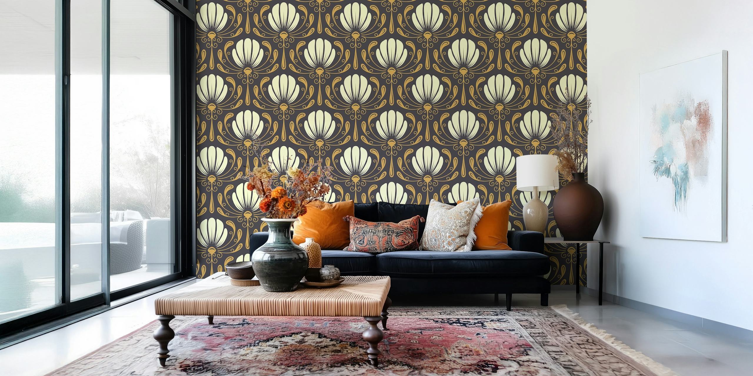 Beige floral pattern on dark brown background wallpaper
