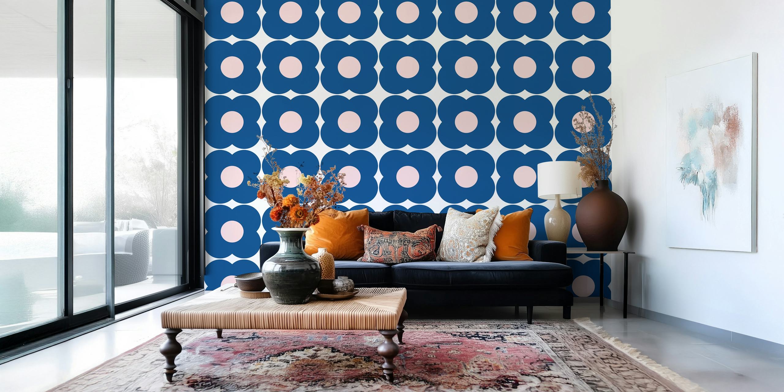 Retro Blue Geometric Flowers wallpaper in a room