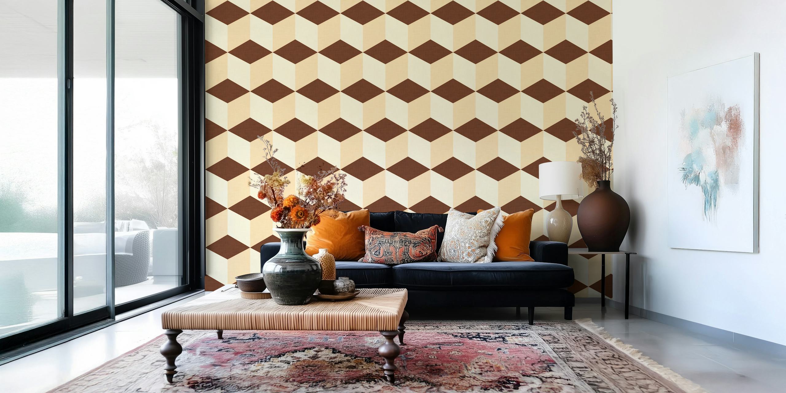 Geometric cube pattern in brown and beige wallpaper