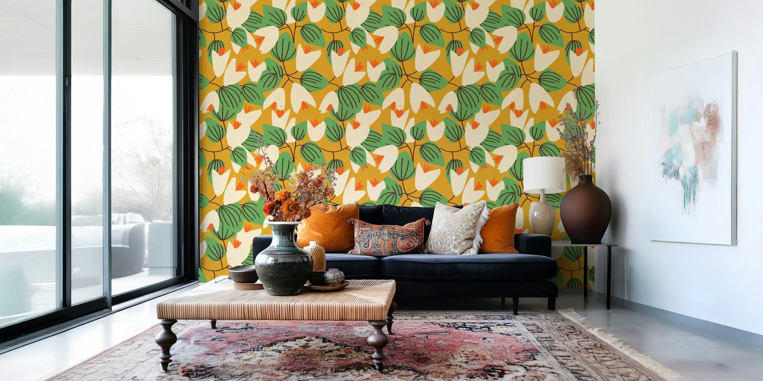 Vivid yellow floral wallpaper design in a room