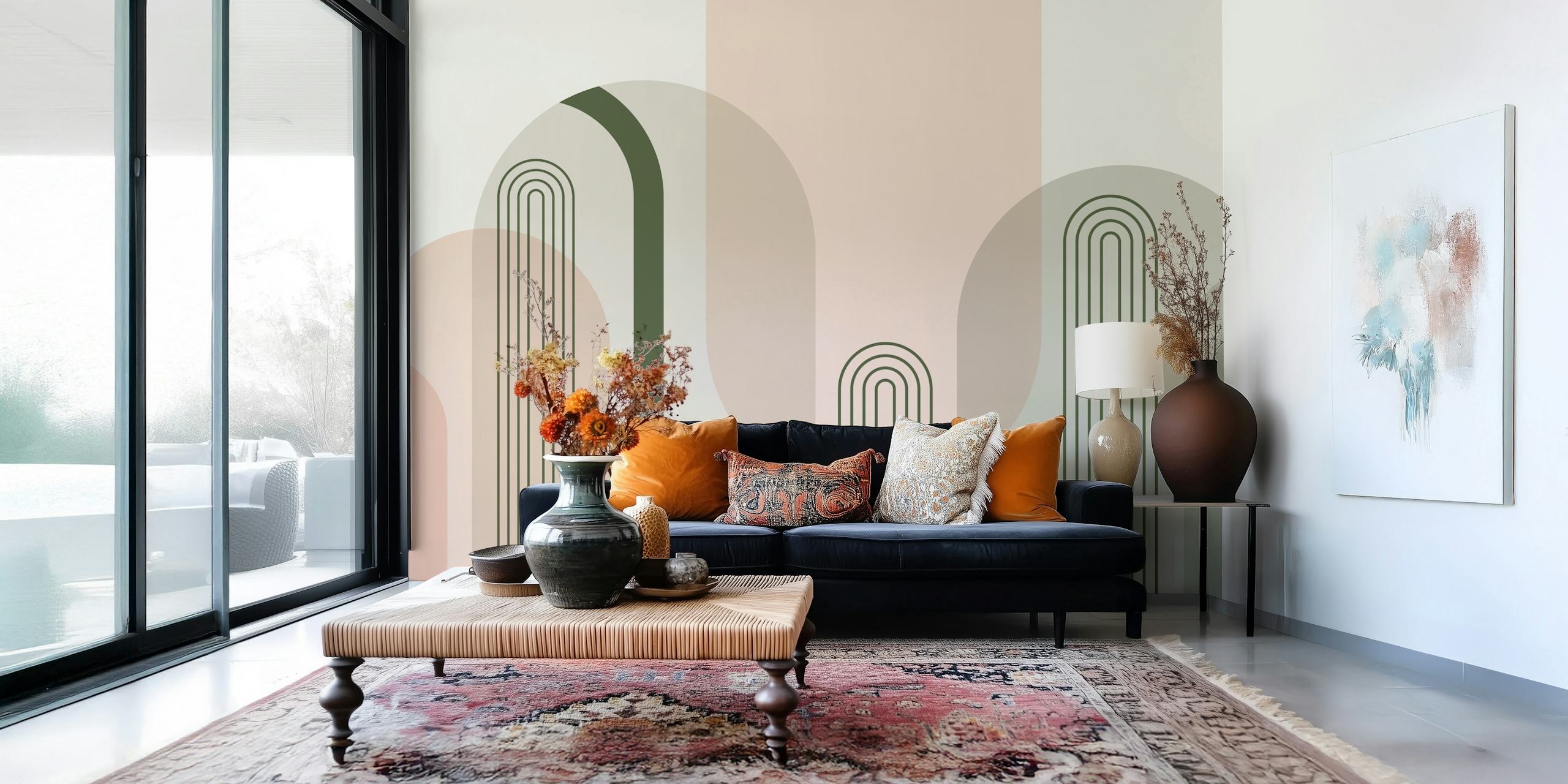 Ταπετσαρία τοίχου Mid Century Arches Pink Sage με επικαλυπτόμενα γεωμετρικά σχήματα σε απαλές αποχρώσεις