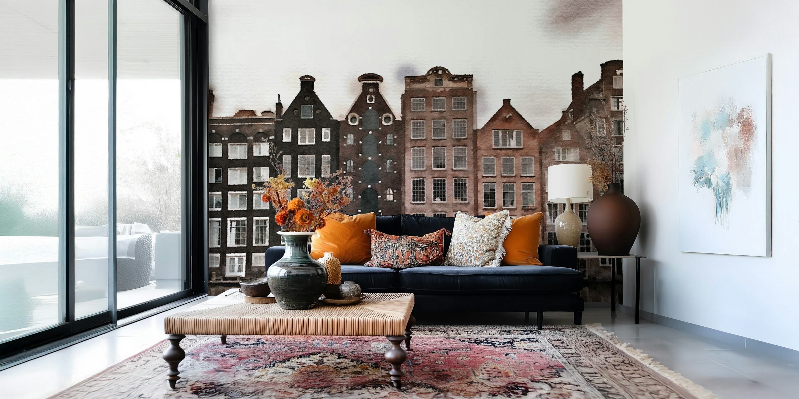 Fototapete Amsterdamer kanalhäuser im aquarellstil