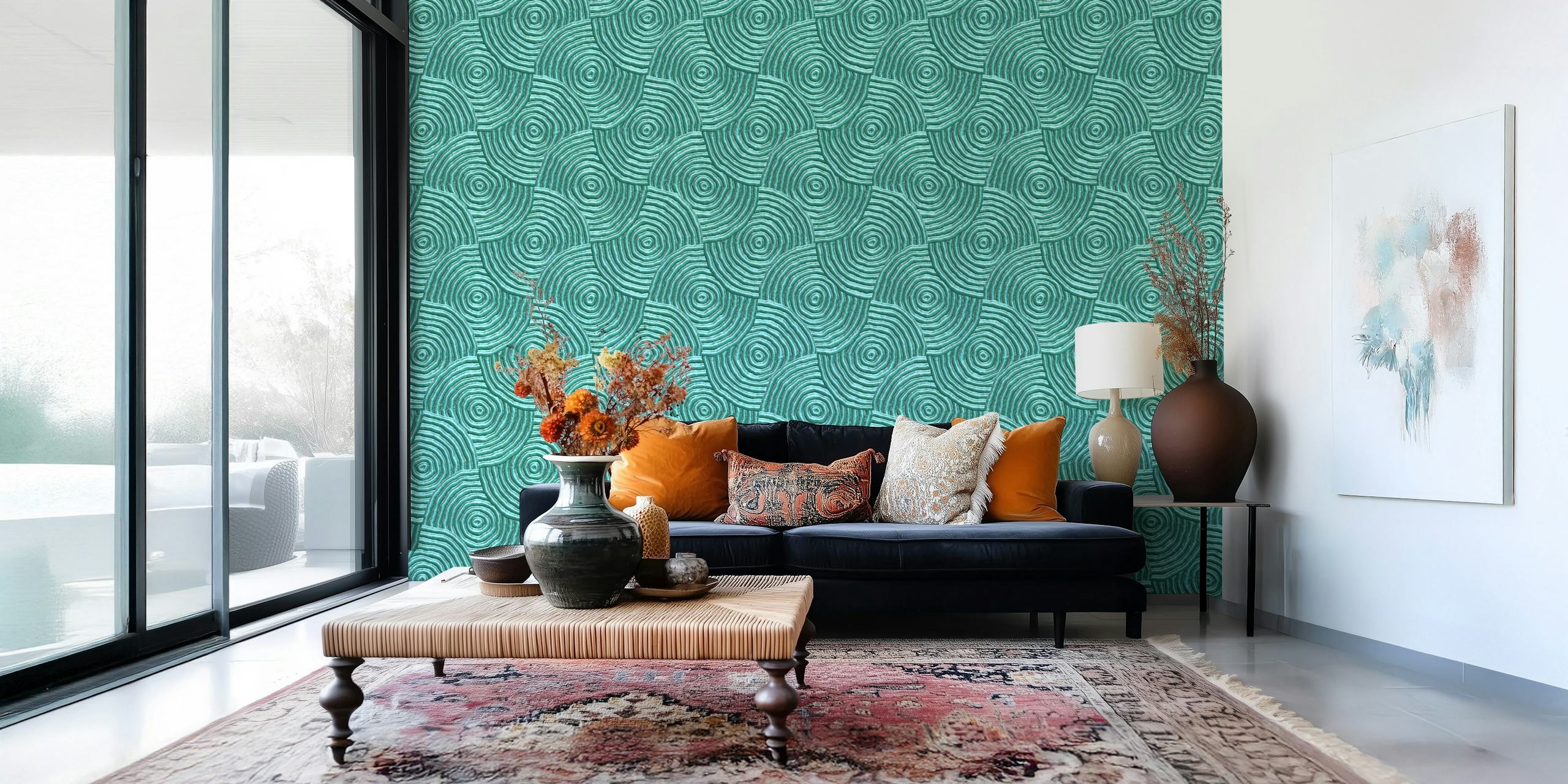 Stylish turquoise teal embossed metallic pattern wall mural