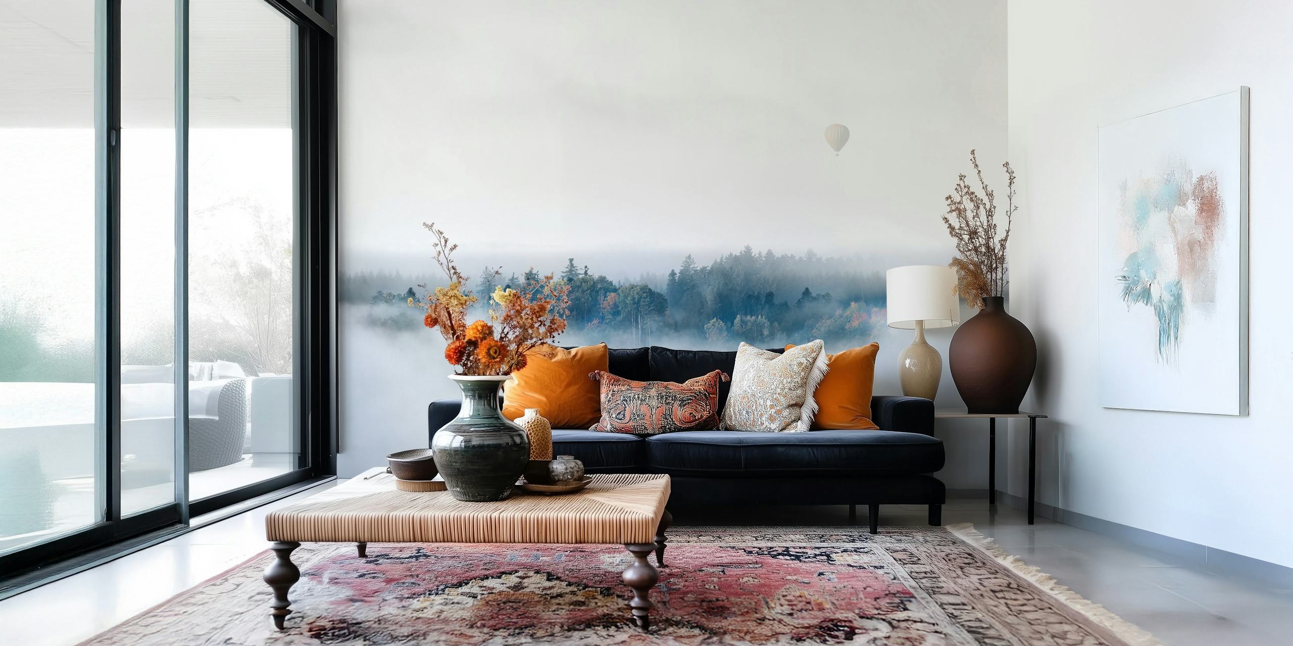 Misty landscape with trees and a hot air balloon, grey tones wallpaper