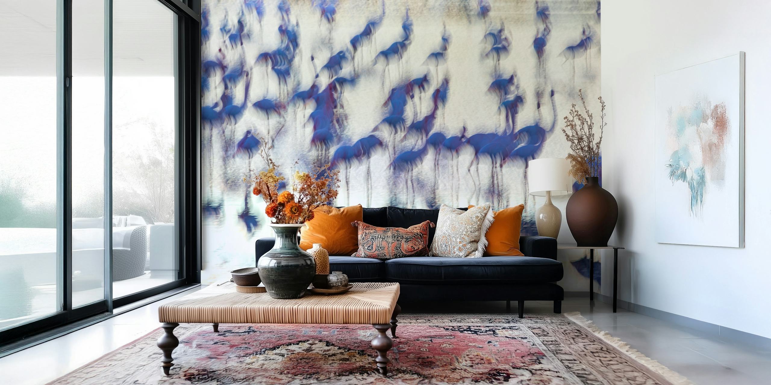 Abstract blue drips on a textured wall mural expressing movement and serenity