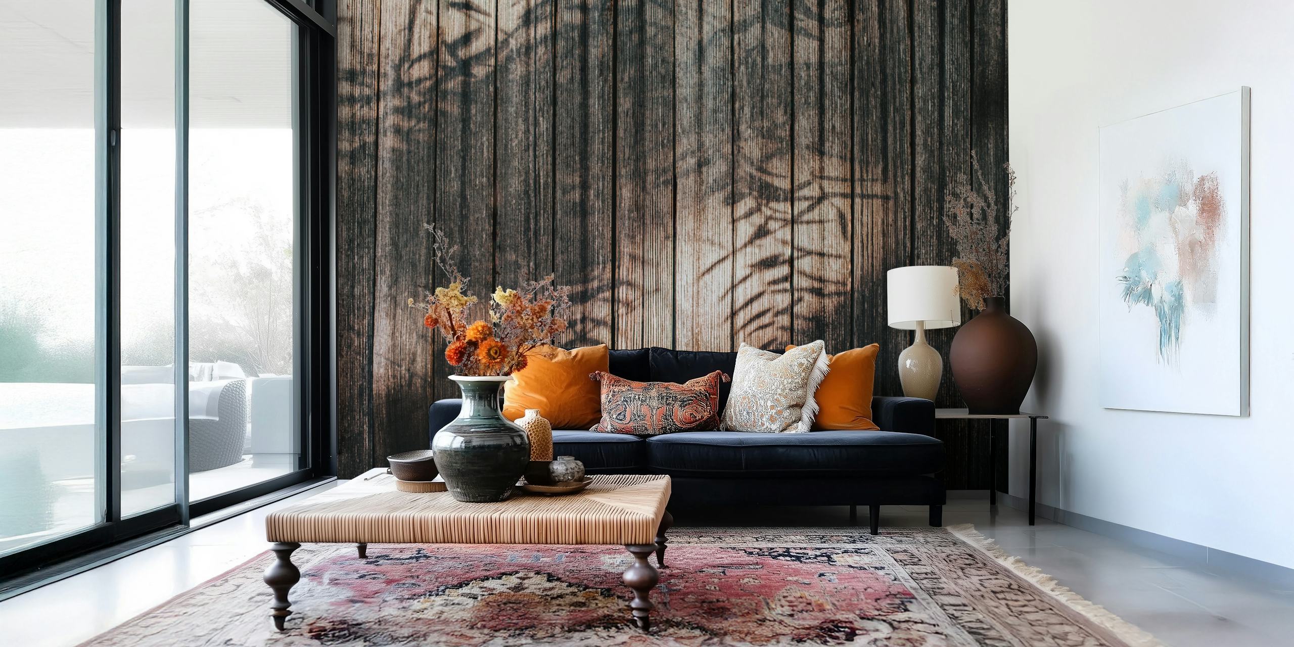 Wooden planks with shadows of foliage on a textured surface wallpaper