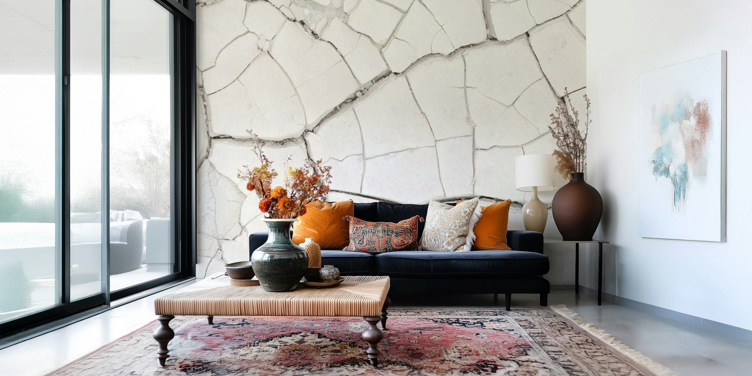White cracked textured wallpaper with distinctive patterns
