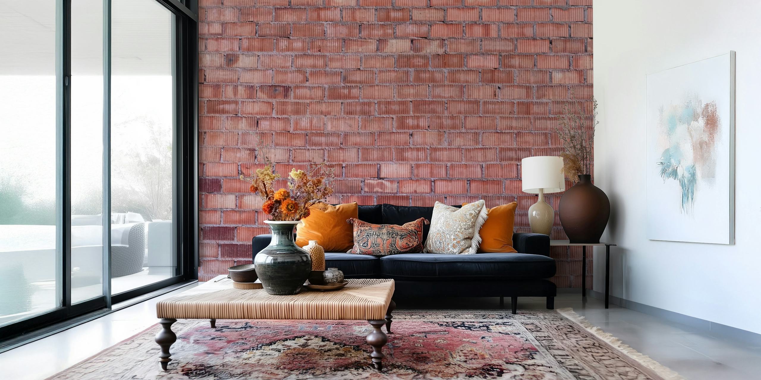 Textured brick wall mural with warm terracotta and dusky rose tones
