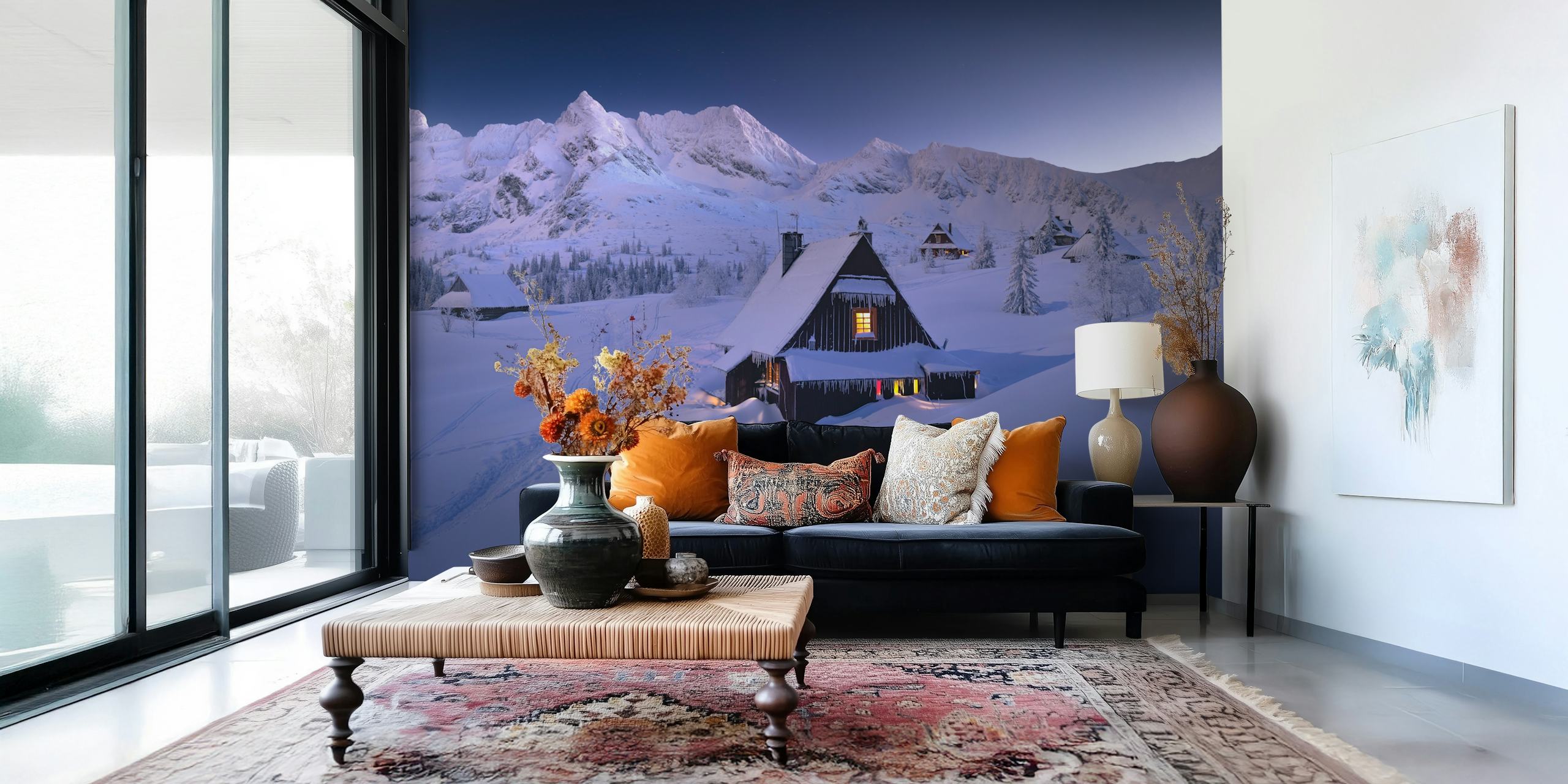 Snowy lodge in mountains at dusk wallpaper