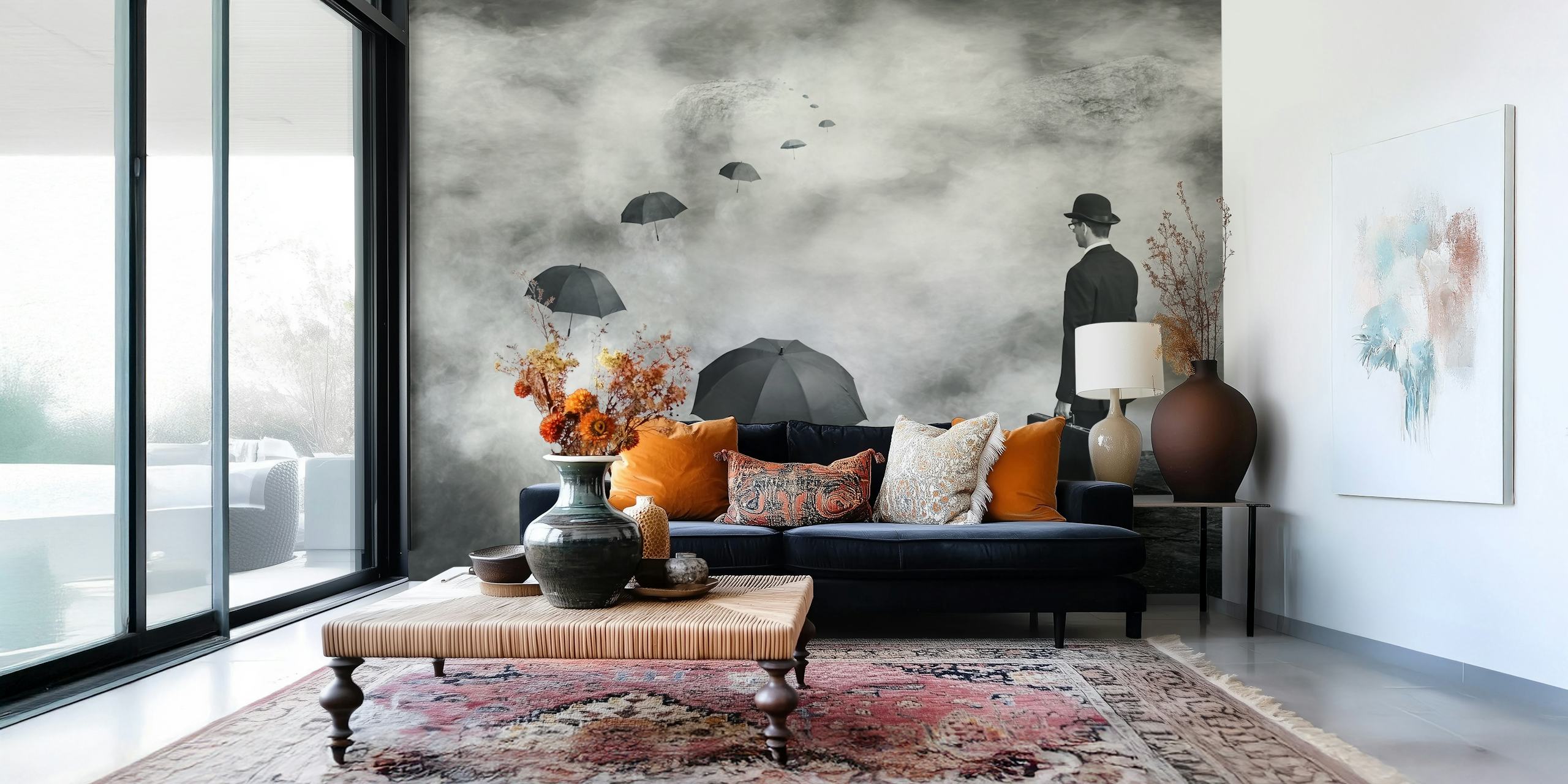 Design di carta da parati in bianco e nero con ombrelli