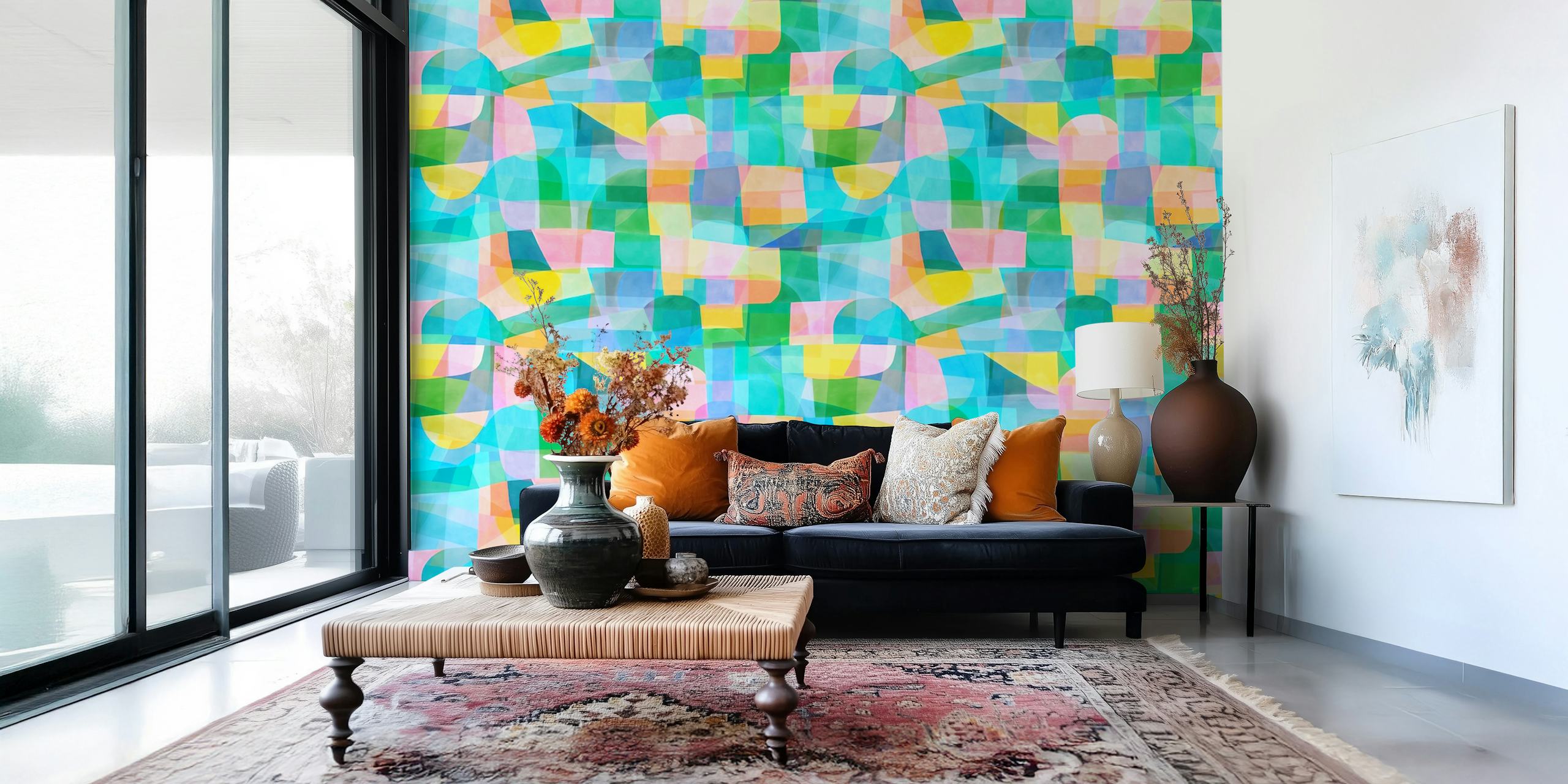 Colorful abstract geometric shapes in pastel pink, green and blue wallpaper