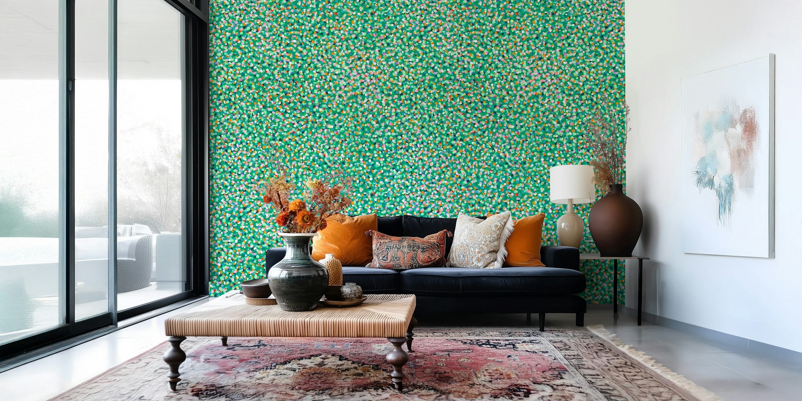Emerald green wallpaper with colorful confetti dots