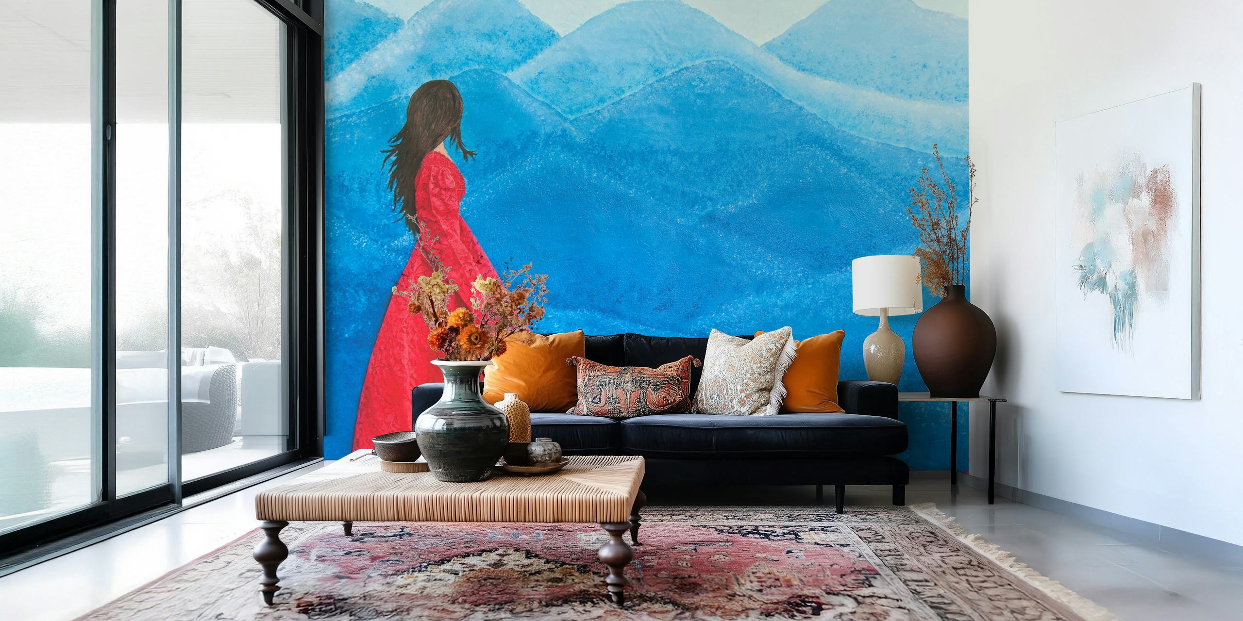 Blue abstract mountain landscape with a figure in a red dress wallpaper