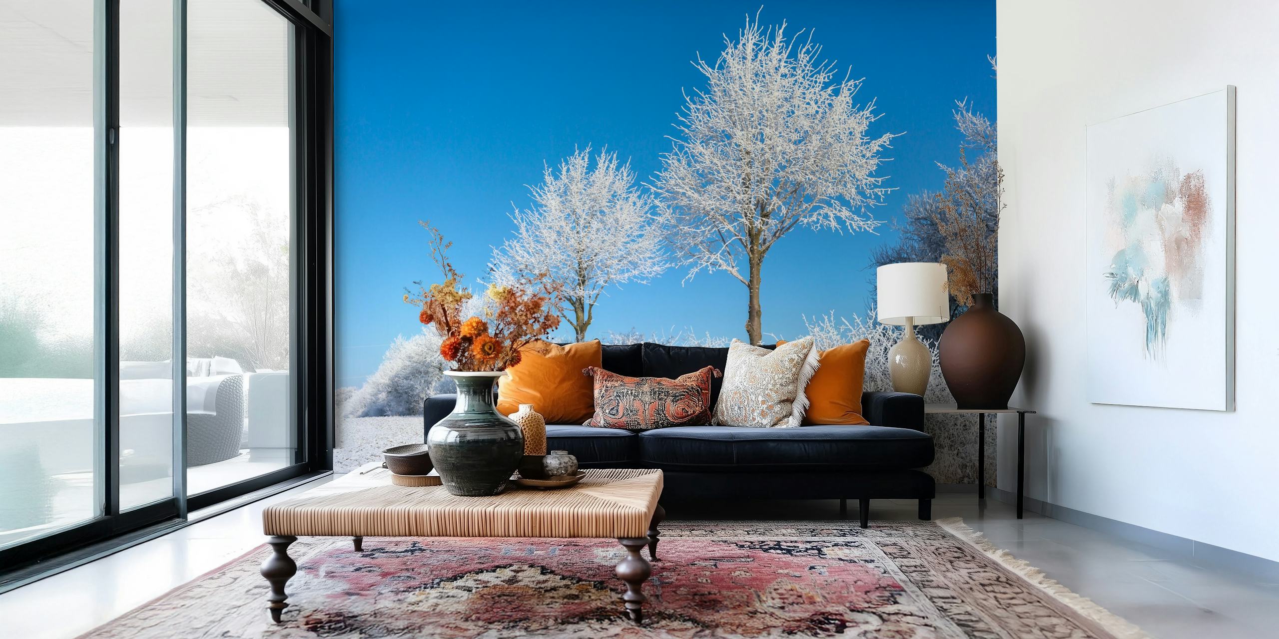 Um mural de parede tranquilo de cena de inverno com árvores cobertas de gelo e uma paisagem nevada