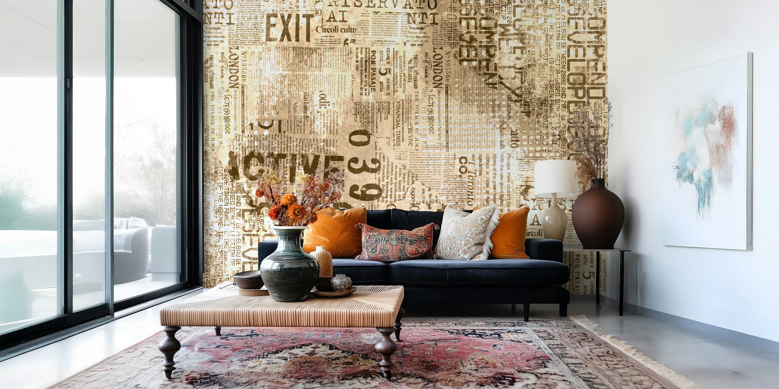 Urban beige and brown textured wallpaper with newspaper patterns