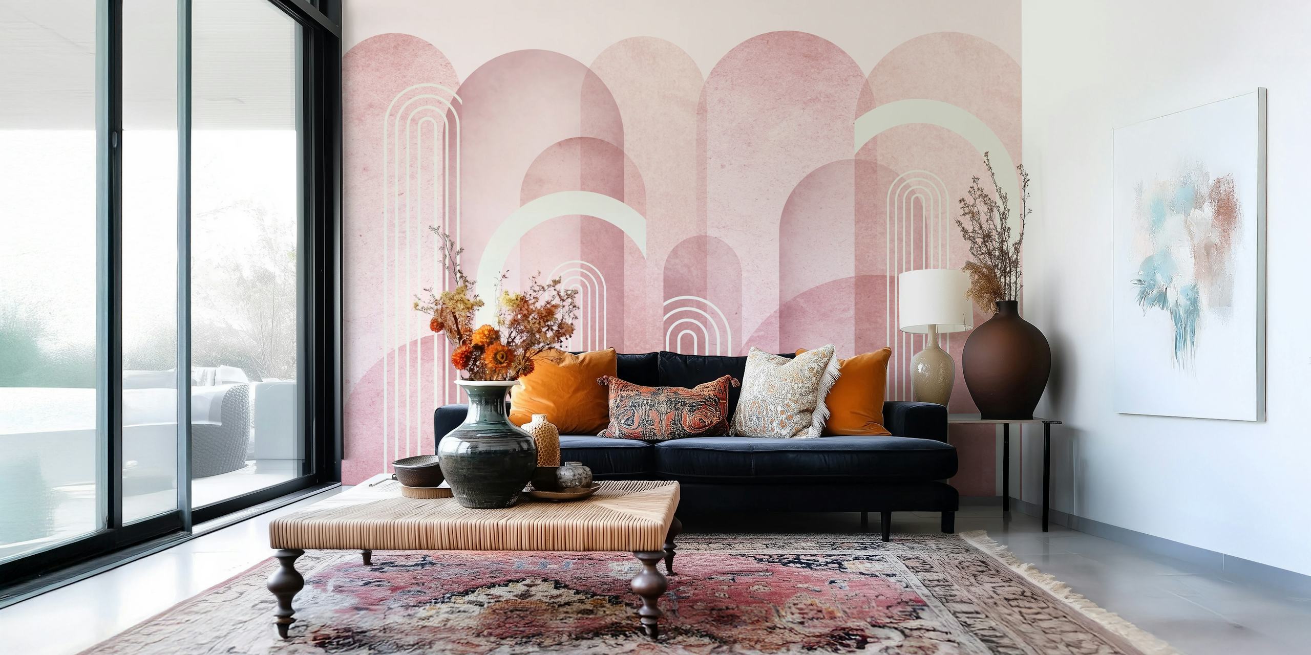 Blush pink mid century arches wallpaper in a room