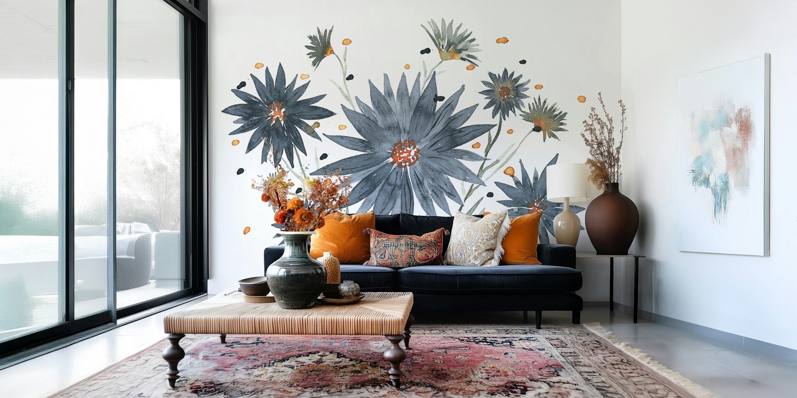 Ταπετσαρία Gray Daisies εμφανίζεται σε ένα δωμάτιο